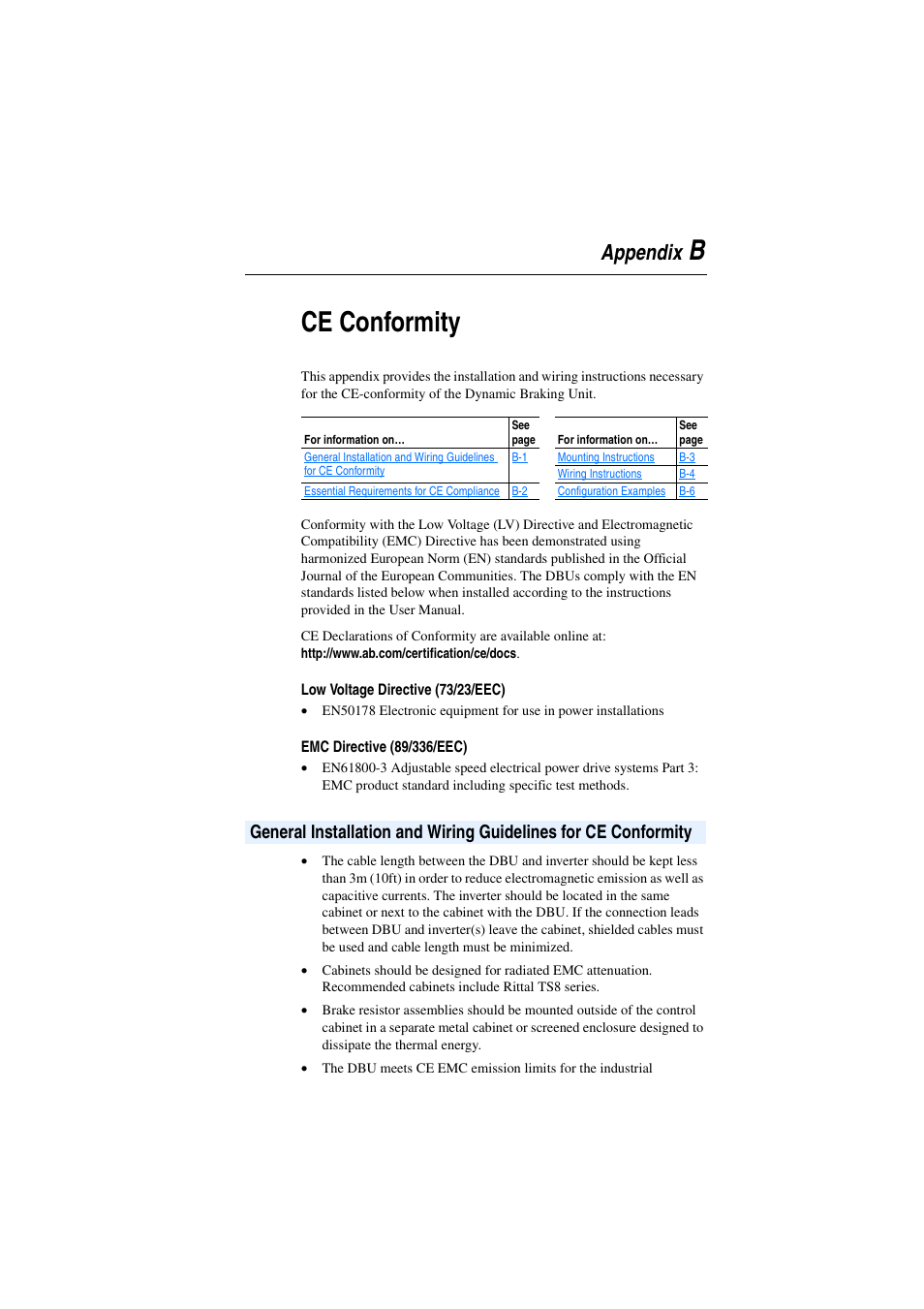 Appendix b, Ce conformity, Low voltage directive (73/23/eec) | Emc directive (89/336/eec), General installation and wiring guidelines, Appendix | Rockwell Automation AK DBU - Dynamic Braking Unit 600/690 VAC User Manual | Page 31 / 56