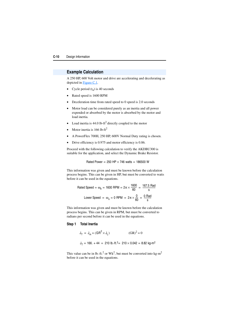 Example calculation, C-10 | Rockwell Automation AK DBU - Dynamic Braking Unit 600/690 VAC User Manual | Page 48 / 56