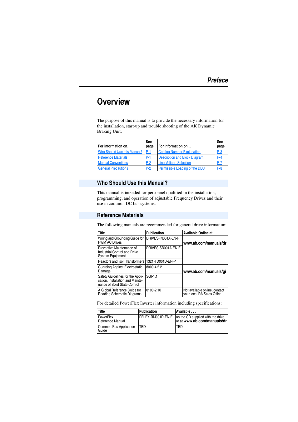 Preface, Overview, Who should use this manual | Reference materials, Who should use this manual? reference materials | Rockwell Automation AK DBU - Dynamic Braking Unit 600/690 VAC User Manual | Page 5 / 56