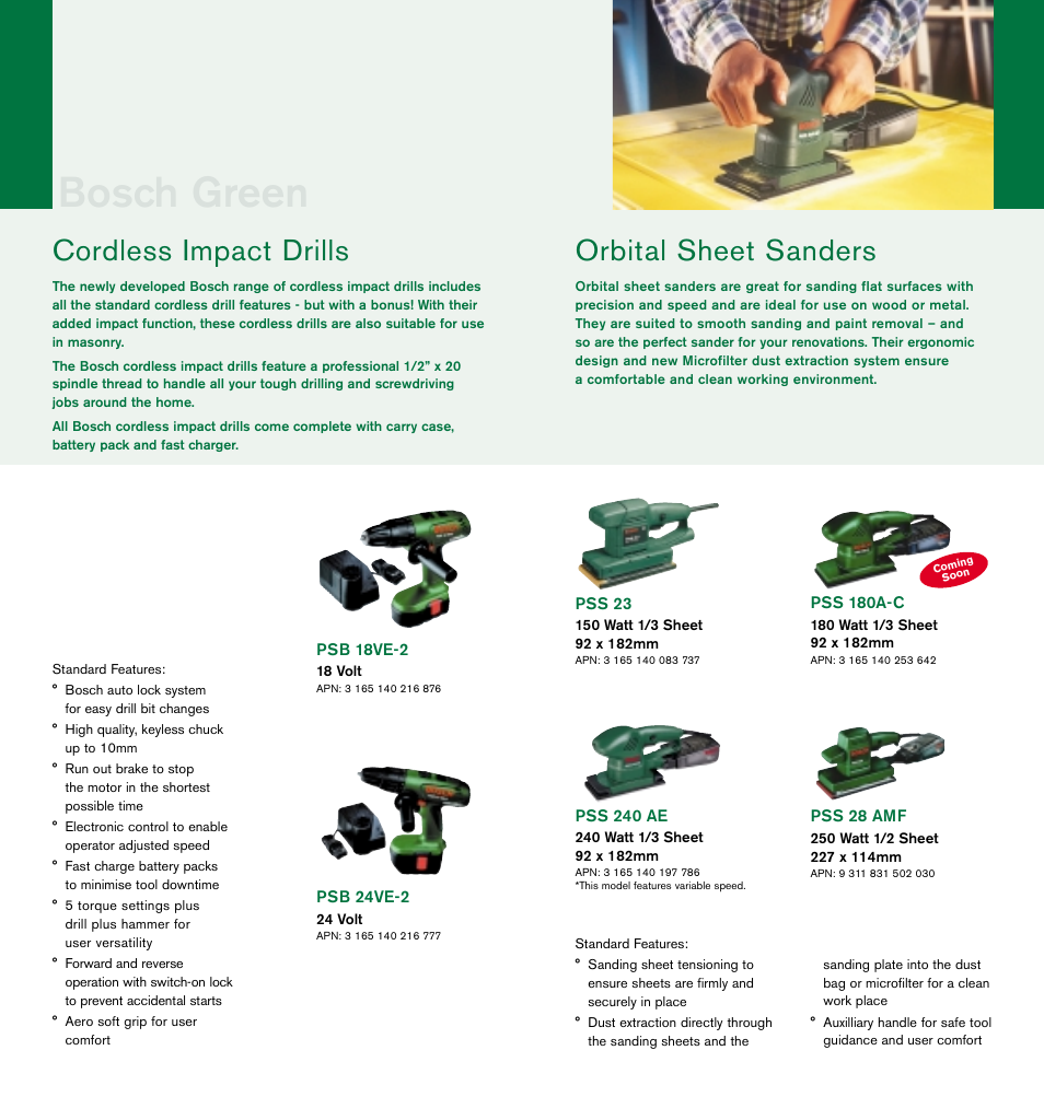Bosch green, Orbital sheet sanders, Cordless impact drills | Bosch cordless drills User Manual | Page 2 / 8