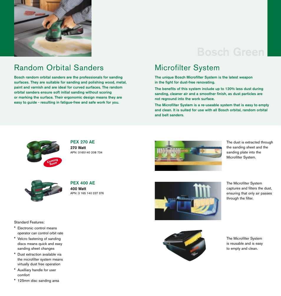 Bosch green, Microfilter system, Random orbital sanders | Bosch cordless drills User Manual | Page 3 / 8