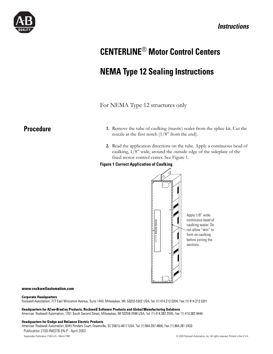 Rockwell Automation 2100 MCC NEMA Type 12 Sealing Instructions User Manual | 1 page