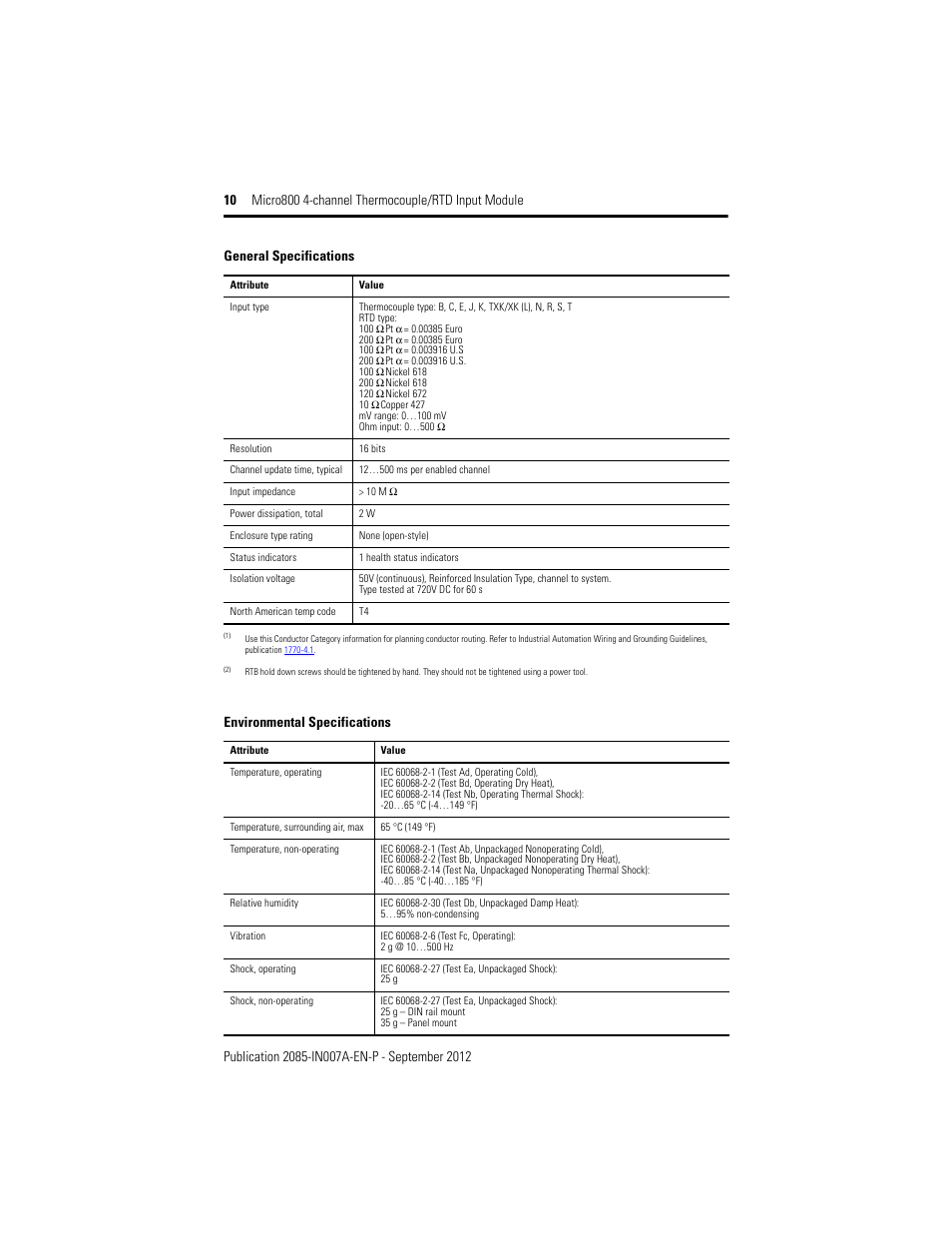 Environmental specifications, General specifications | Rockwell Automation 2085-IRT4 Micro800 4-channel Thermocouple/RTD Input Module User Manual | Page 10 / 12