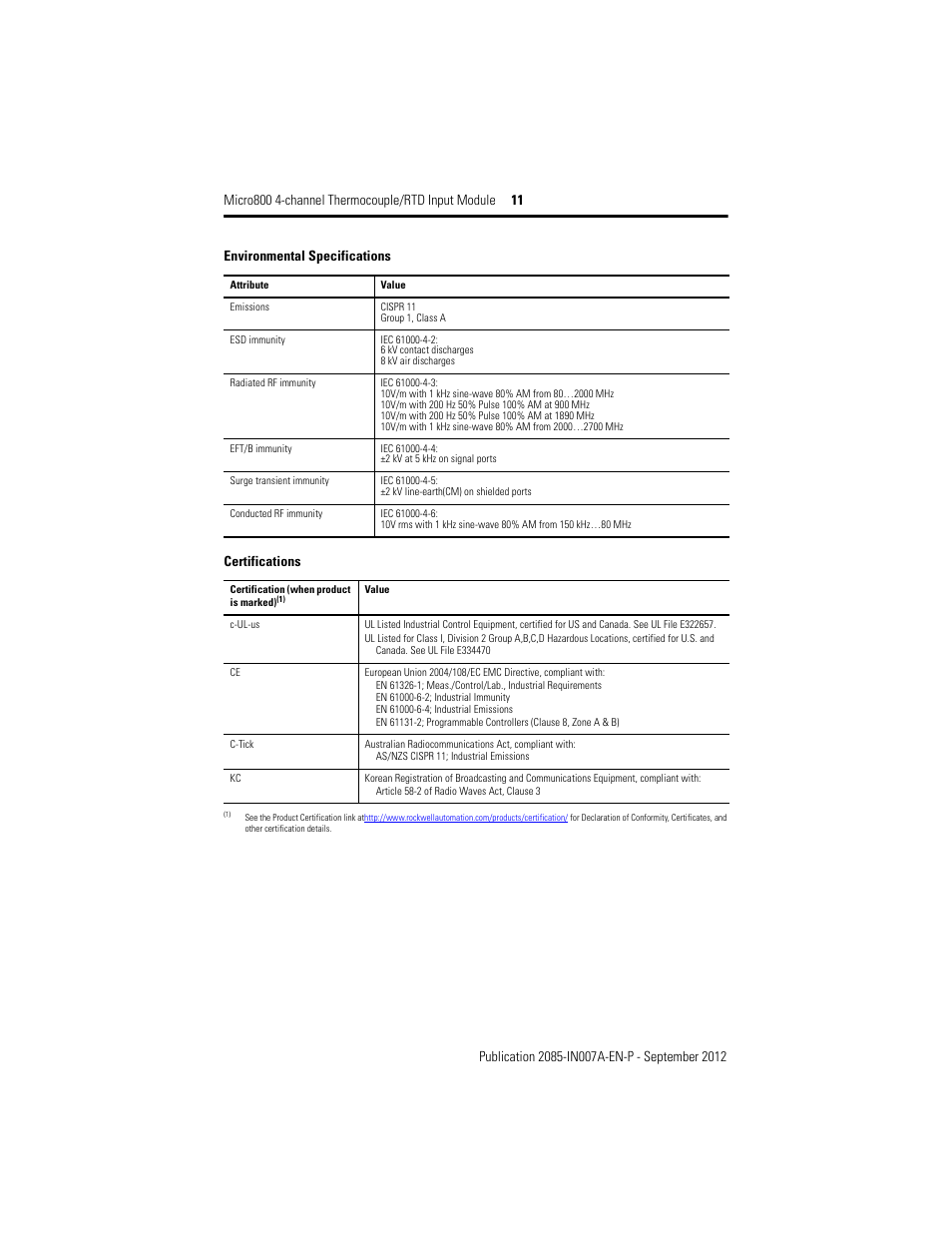 Certifications, Environmental specifications | Rockwell Automation 2085-IRT4 Micro800 4-channel Thermocouple/RTD Input Module User Manual | Page 11 / 12