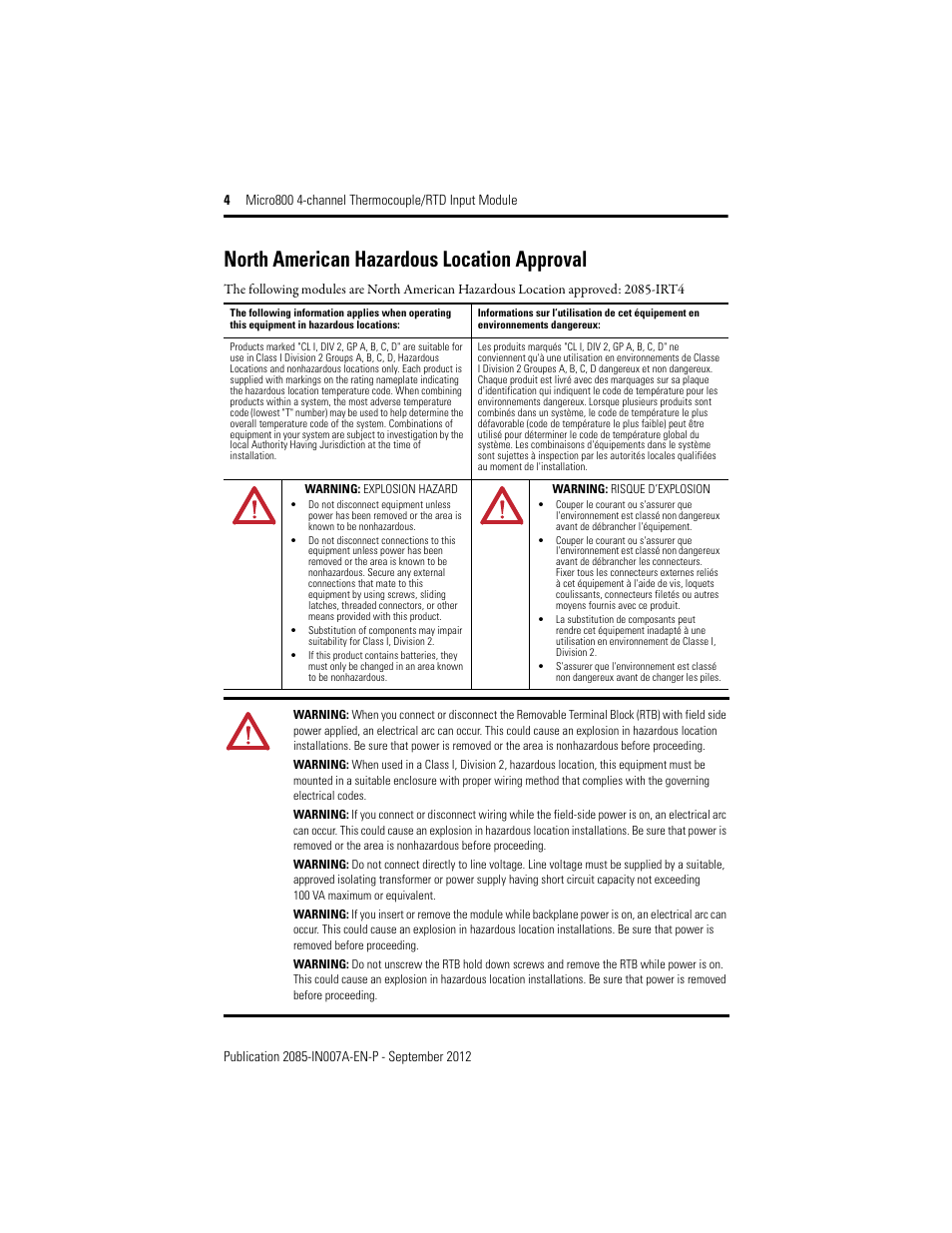 North american hazardous location approval | Rockwell Automation 2085-IRT4 Micro800 4-channel Thermocouple/RTD Input Module User Manual | Page 4 / 12