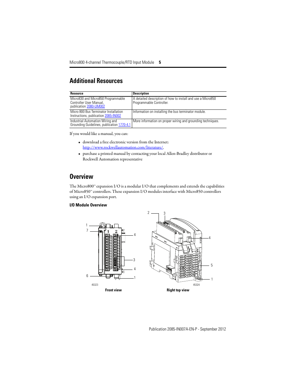 Additional resources, Overview | Rockwell Automation 2085-IRT4 Micro800 4-channel Thermocouple/RTD Input Module User Manual | Page 5 / 12