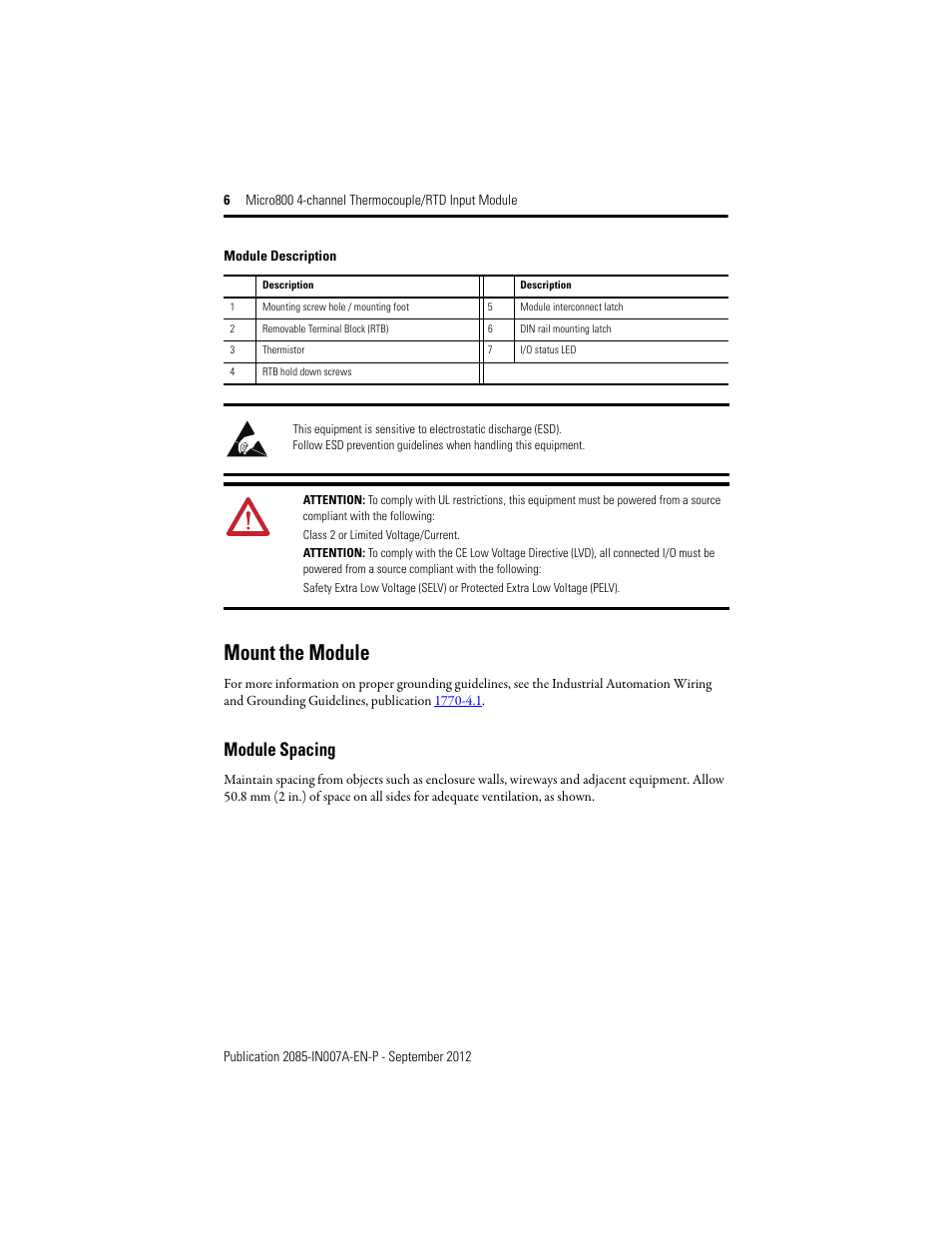 Mount the module, Module description, Module spacing | Rockwell Automation 2085-IRT4 Micro800 4-channel Thermocouple/RTD Input Module User Manual | Page 6 / 12