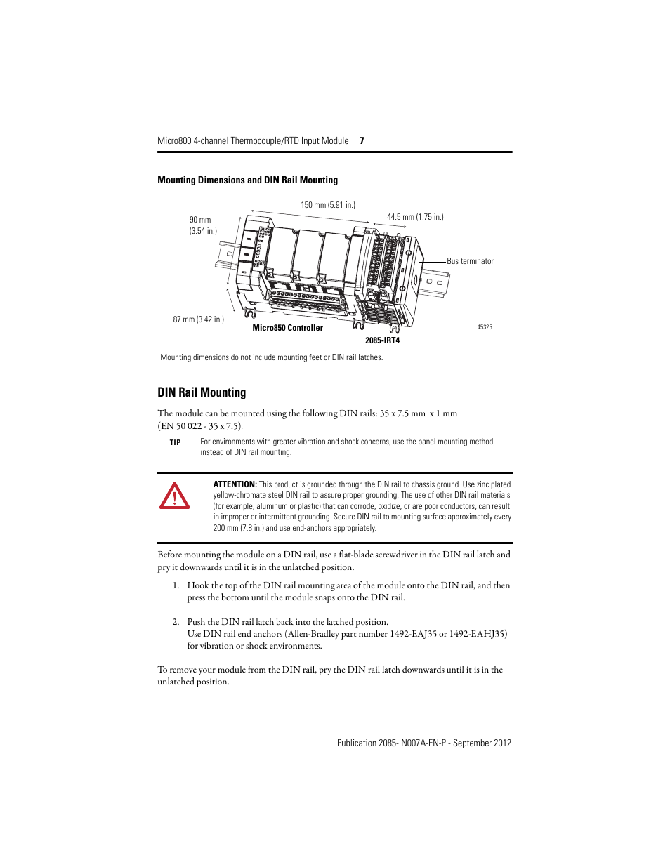 Din rail mounting | Rockwell Automation 2085-IRT4 Micro800 4-channel Thermocouple/RTD Input Module User Manual | Page 7 / 12