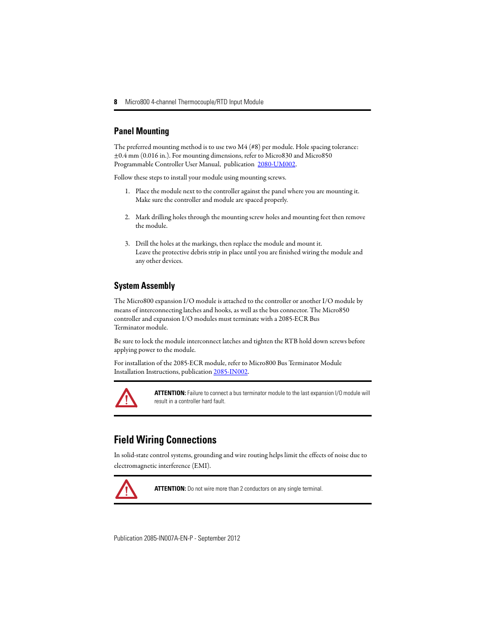 Field wiring connections, Panel mounting, System assembly | Rockwell Automation 2085-IRT4 Micro800 4-channel Thermocouple/RTD Input Module User Manual | Page 8 / 12