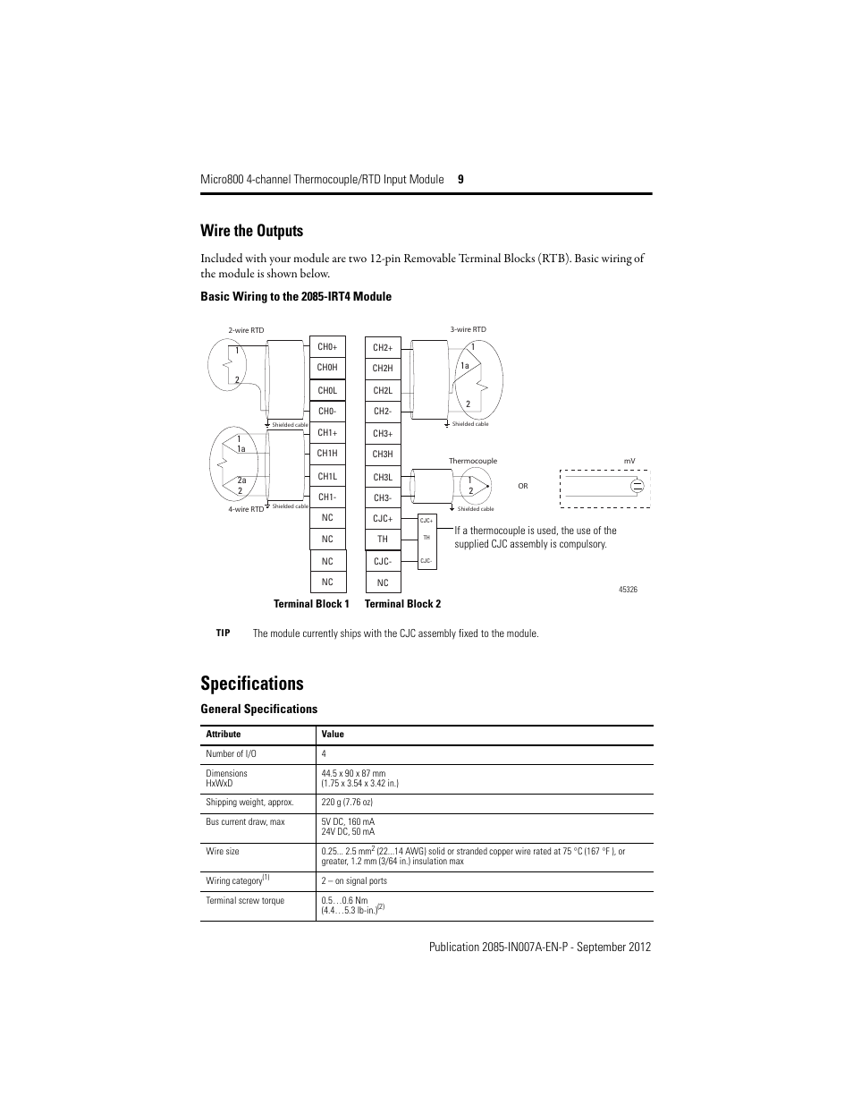 Wire the outputs, Specifications, General specifications | Rockwell Automation 2085-IRT4 Micro800 4-channel Thermocouple/RTD Input Module User Manual | Page 9 / 12