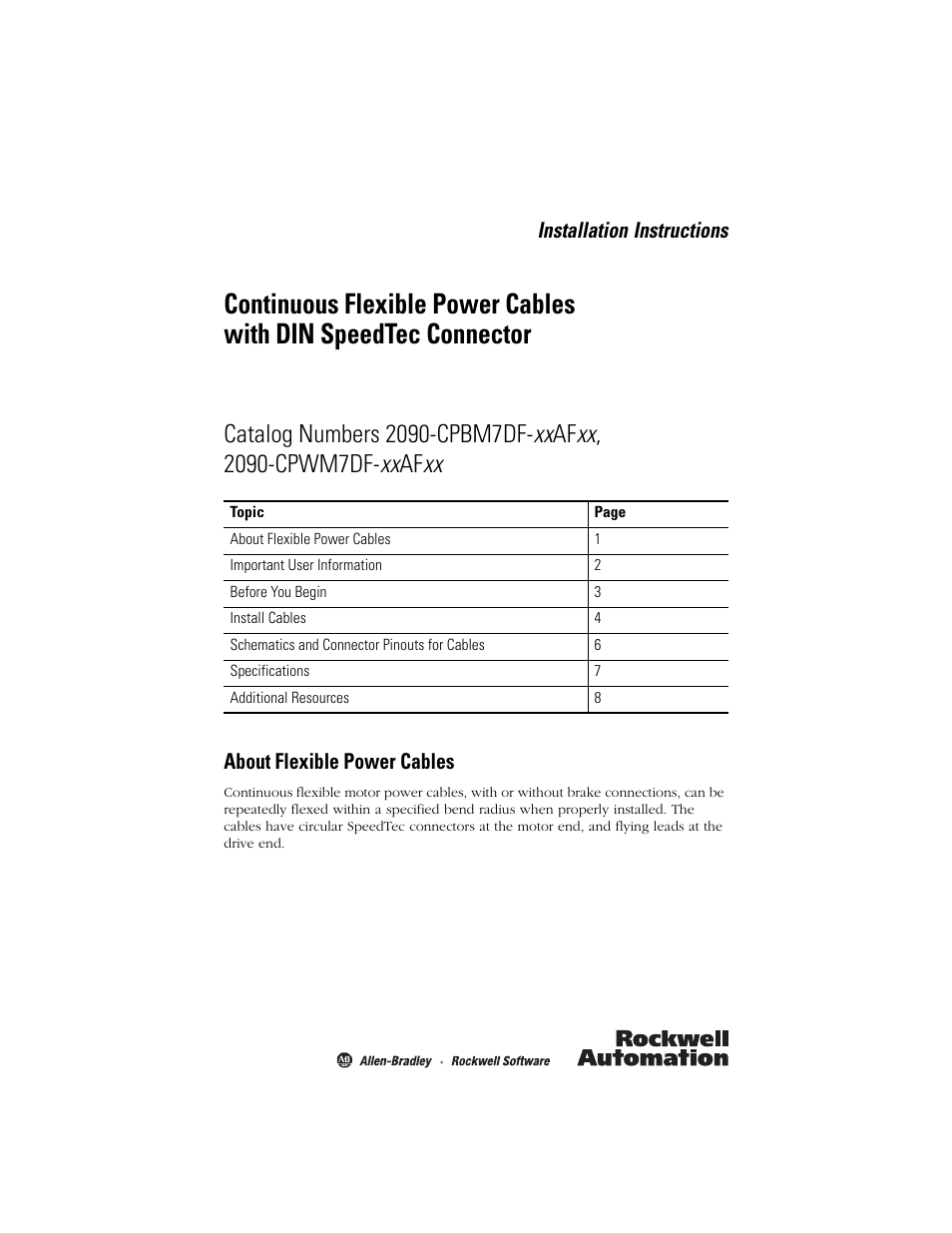 Rockwell Automation 2090-CPWM7DF-xxAFxx Continuous Flex Power Cables with DIN SpeedTec Connector Installation Instruc User Manual | 8 pages