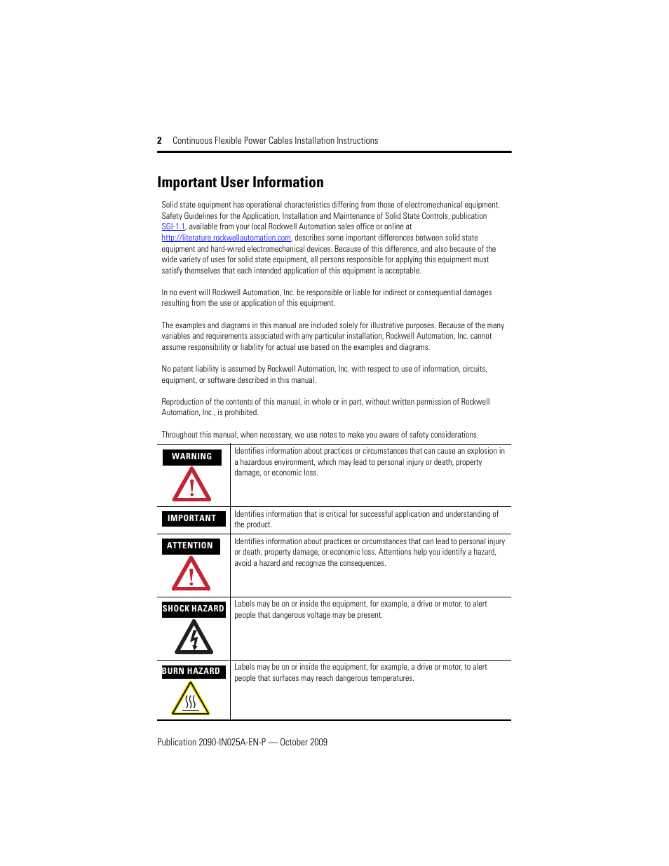 Important user information | Rockwell Automation 2090-CPWM7DF-xxAFxx Continuous Flex Power Cables with DIN SpeedTec Connector Installation Instruc User Manual | Page 2 / 8
