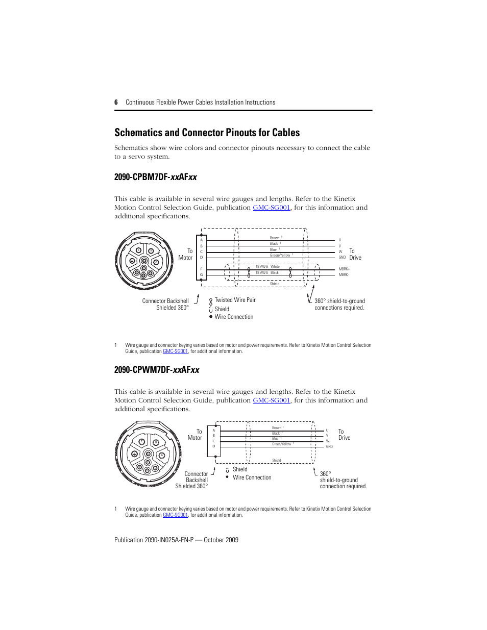 Schematics and connector pinouts for cables | Rockwell Automation 2090-CPWM7DF-xxAFxx Continuous Flex Power Cables with DIN SpeedTec Connector Installation Instruc User Manual | Page 6 / 8