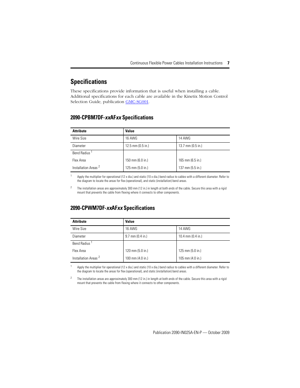 Specifications, 2090-cpbm7df-xxafxx specifications, 2090-cpwm7df-xxafxx specifications | Rockwell Automation 2090-CPWM7DF-xxAFxx Continuous Flex Power Cables with DIN SpeedTec Connector Installation Instruc User Manual | Page 7 / 8