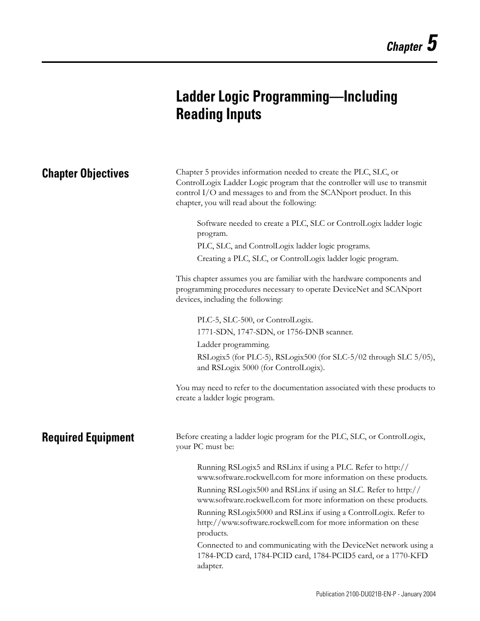 Ladder logic programming—including reading inputs, Chapter, Chapter objectives | Required equipment | Rockwell Automation 2100-GK61 DeviceNet to SCANport User Manual | Page 186 / 212