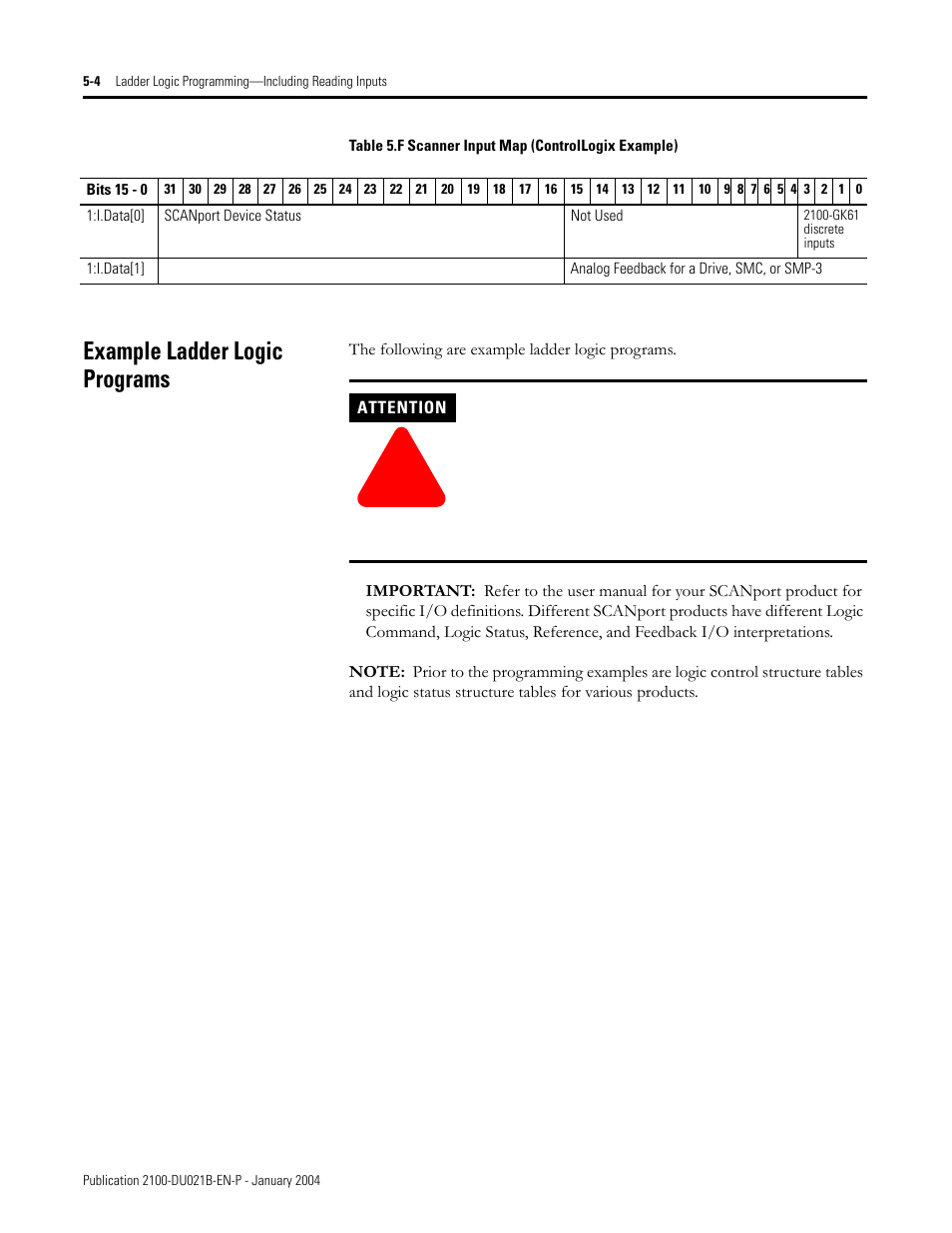 Example ladder logic programs | Rockwell Automation 2100-GK61 DeviceNet to SCANport User Manual | Page 189 / 212