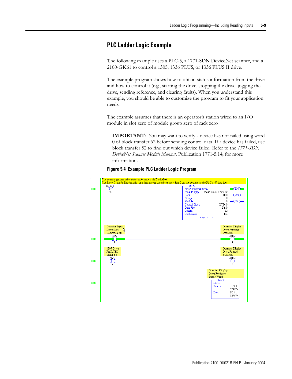 Plc ladder logic example | Rockwell Automation 2100-GK61 DeviceNet to SCANport User Manual | Page 194 / 212