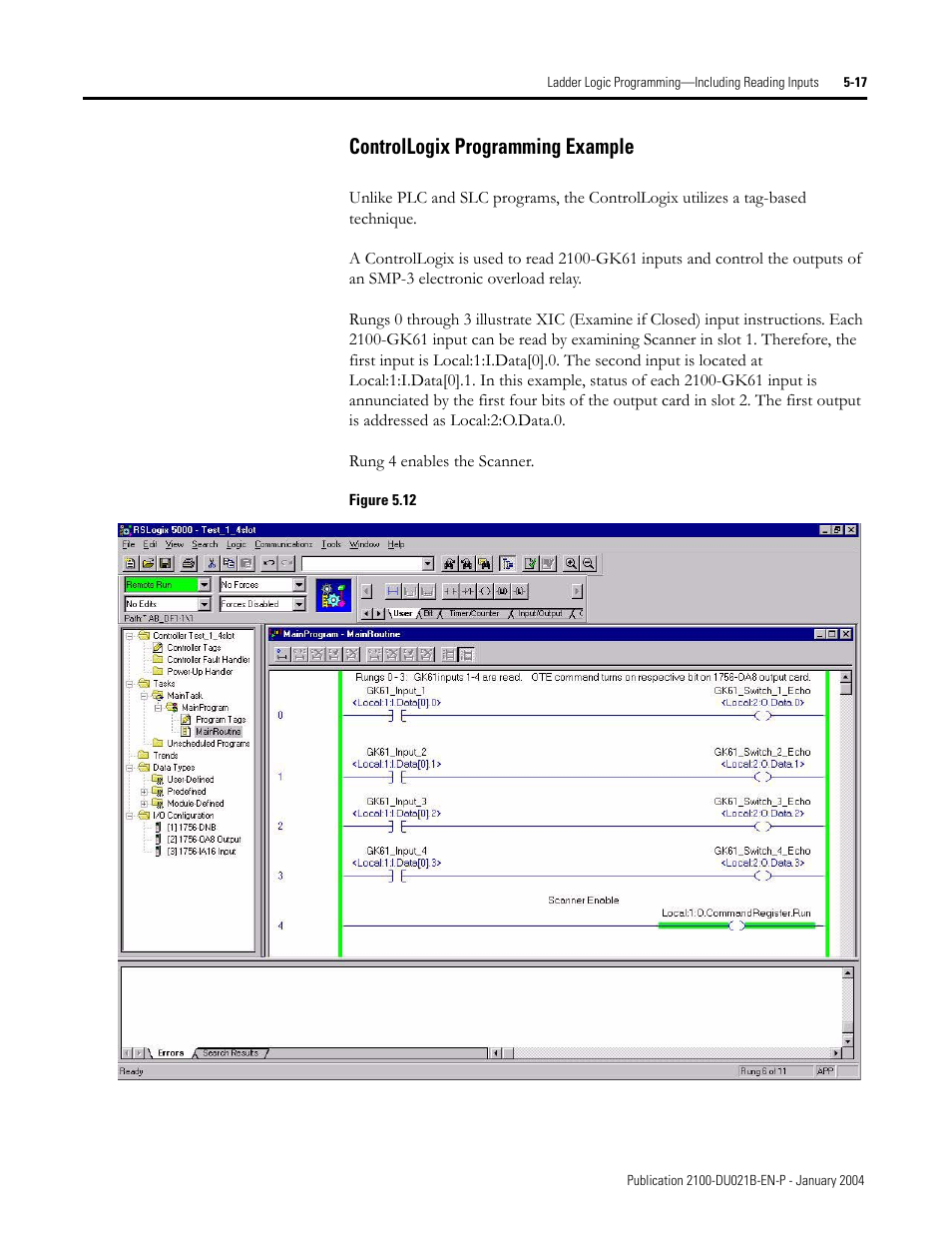 Controllogix programming example | Rockwell Automation 2100-GK61 DeviceNet to SCANport User Manual | Page 202 / 212