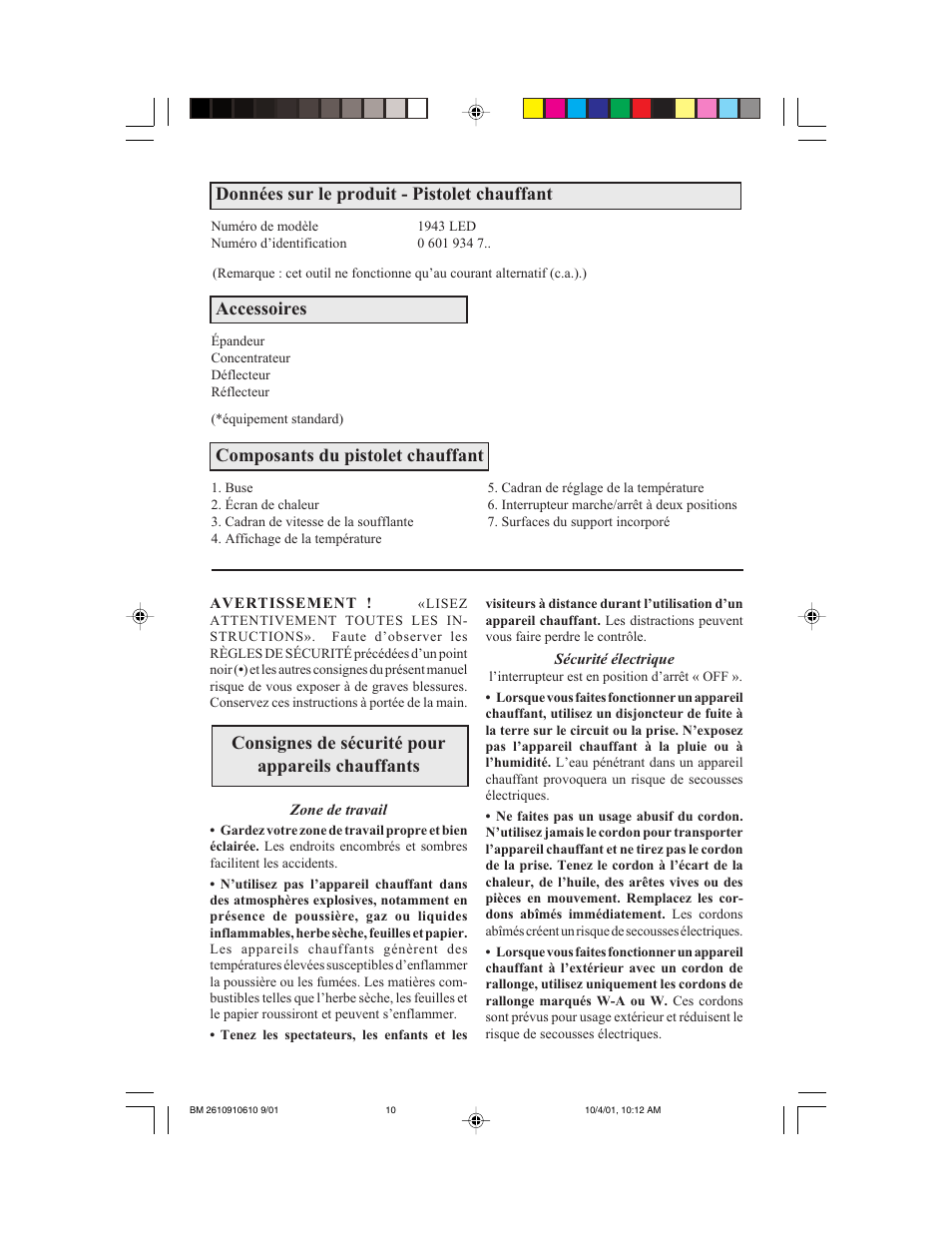 Consignes de sécurité pour appareils chauffants, Données sur le produit - pistolet chauffant, Accessoires | Composants du pistolet chauffant | Bosch 1943 LED User Manual | Page 10 / 24