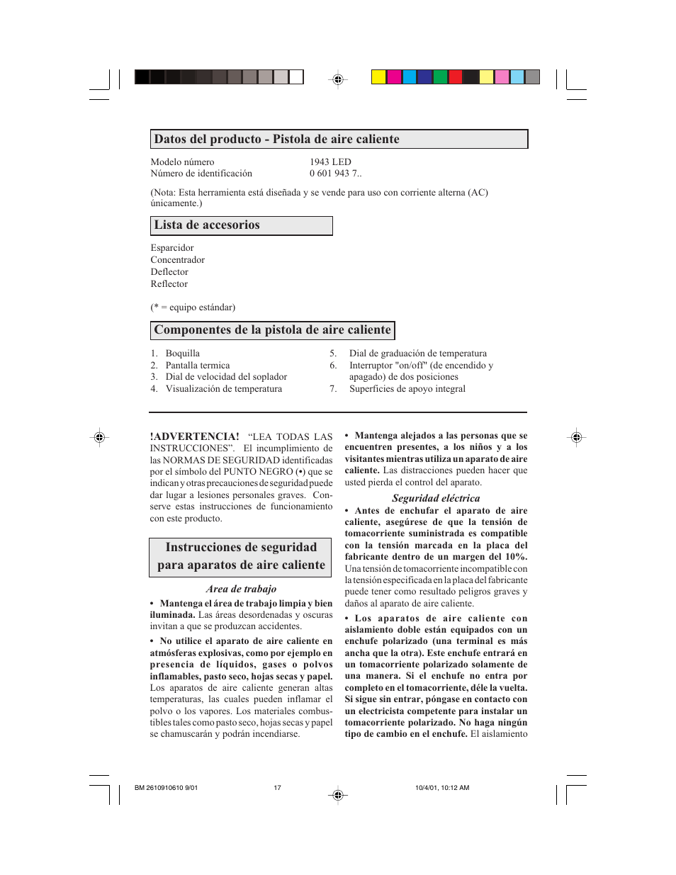 Datos del producto - pistola de aire caliente, Lista de accesorios, Componentes de la pistola de aire caliente | Bosch 1943 LED User Manual | Page 17 / 24