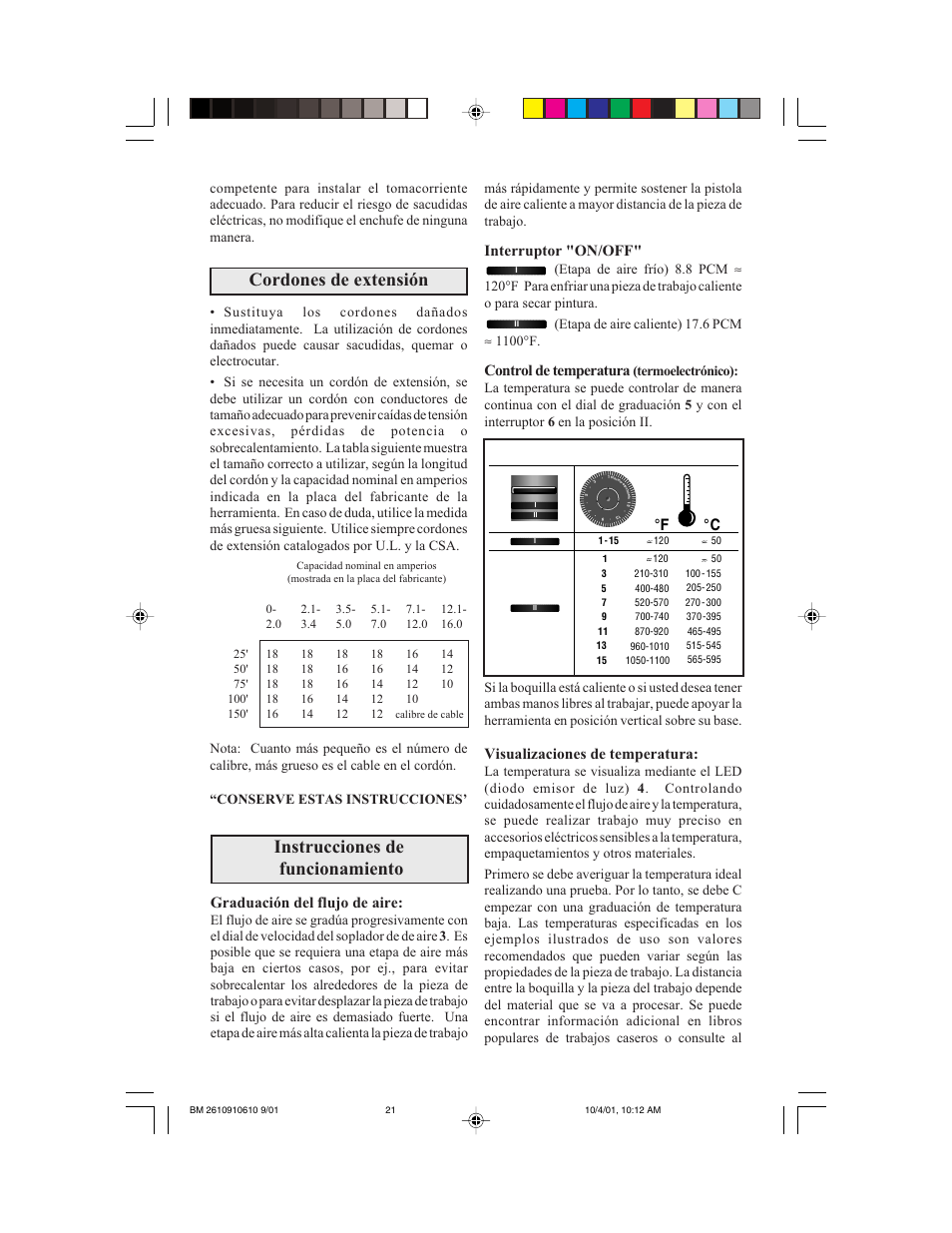 Cordones de extensión, Instrucciones de funcionamiento, Interruptor "on/off | Control de temperatura, Visualizaciones de temperatura, Graduación del flujo de aire, Termoelectrónico | Bosch 1943 LED User Manual | Page 21 / 24