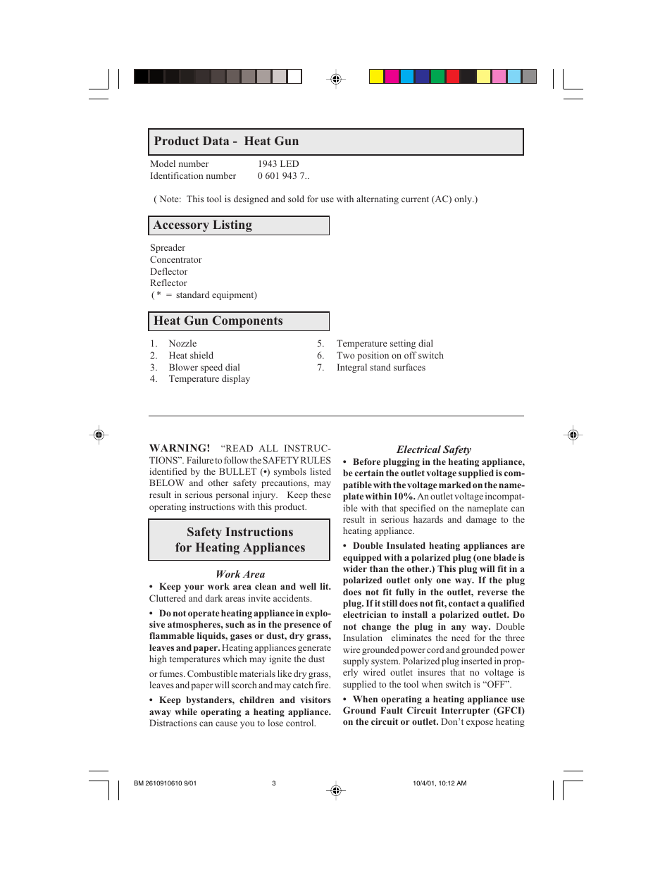 Safety instructions for heating appliances, Product data - heat gun, Accessory listing | Heat gun components | Bosch 1943 LED User Manual | Page 3 / 24