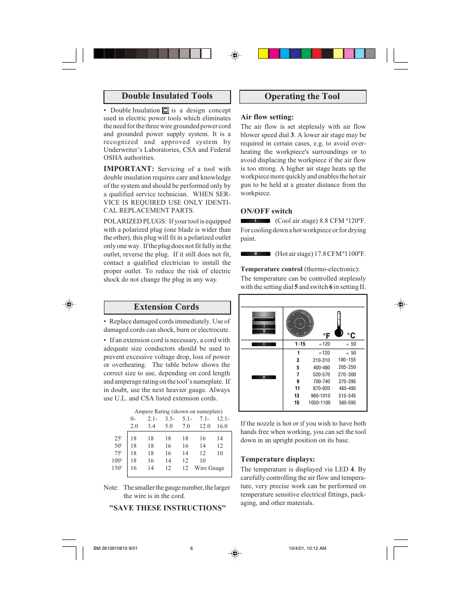 Extension cords, Double insulated tools, Operating the tool | Air flow setting, On/off switch, Temperature displays, Save these instructions, Important, Thermo-electronic | Bosch 1943 LED User Manual | Page 6 / 24