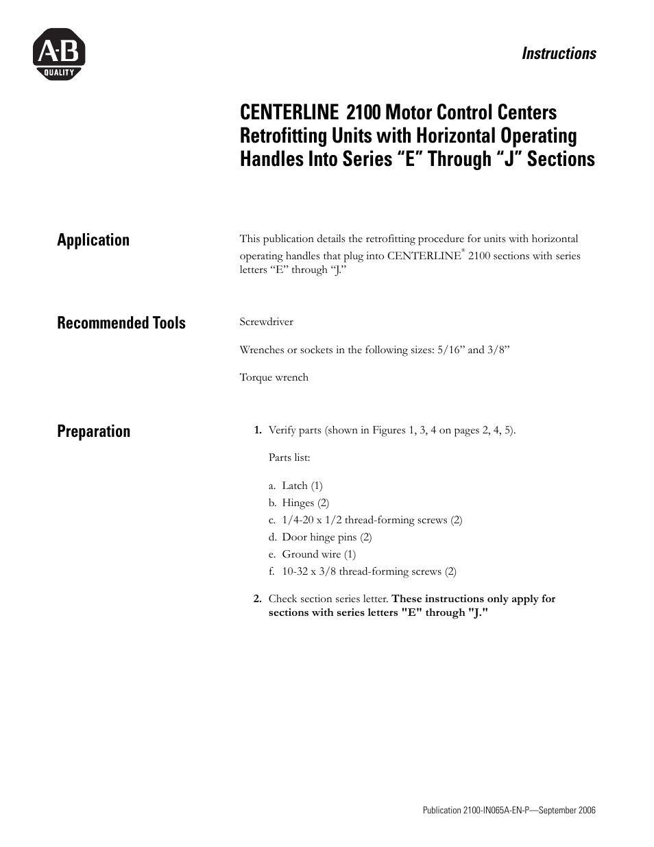 Rockwell Automation 2100 CENTERLINE MCC Retrofitting Units with Horizontal Operating Handles User Manual | 6 pages