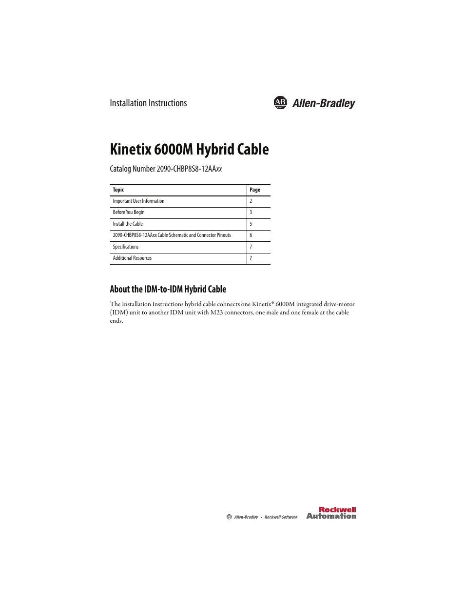 Rockwell Automation 2090-CHBP8S8-12AA Kinetix 6000M Hybrid Power Cable Installation Instructions User Manual | 8 pages