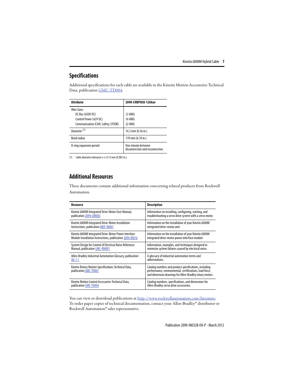 Specifications, Additional resources, Back cover | Specifications 7 | Rockwell Automation 2090-CHBP8S8-12AA Kinetix 6000M Hybrid Power Cable Installation Instructions User Manual | Page 7 / 8