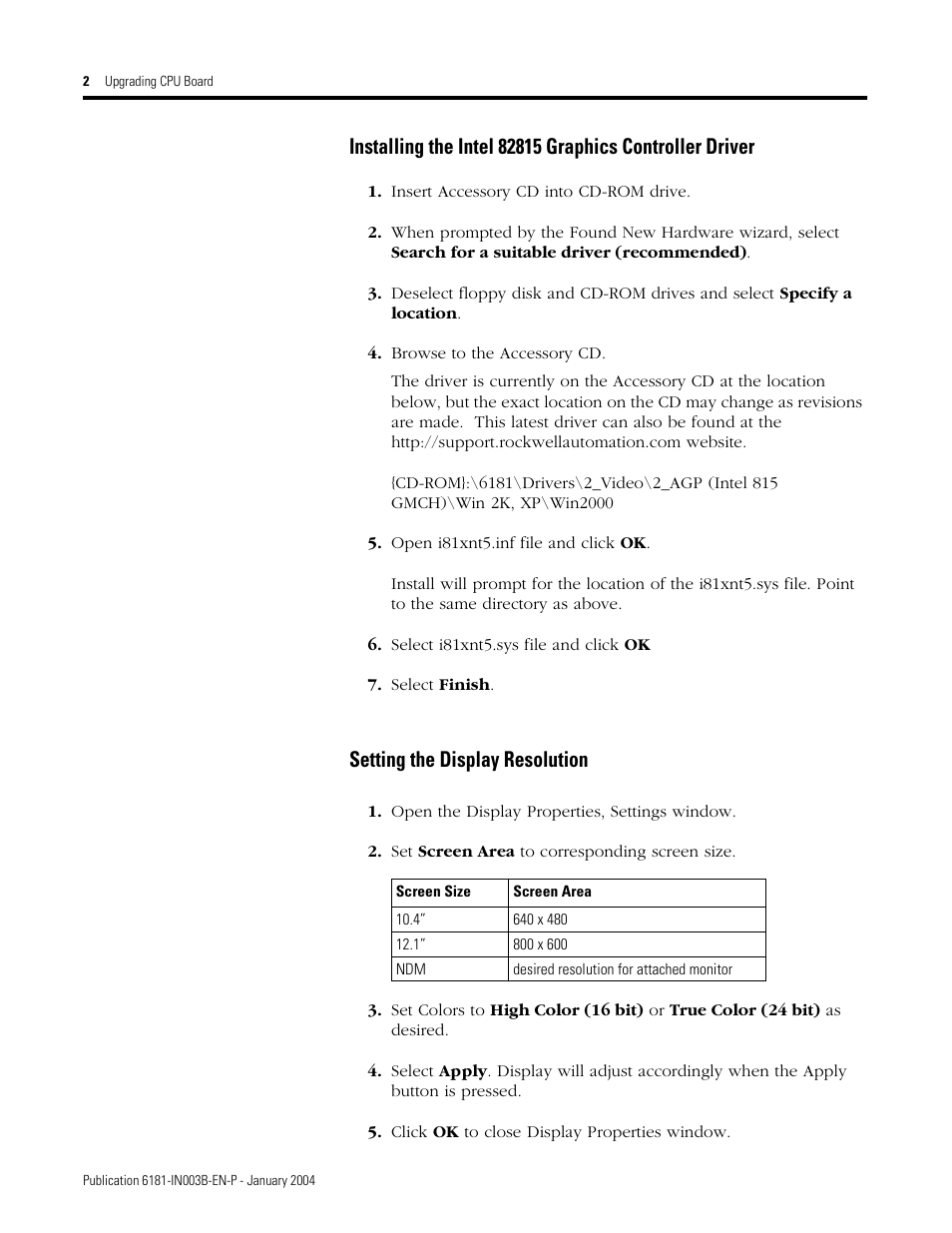 Setting the display resolution | Rockwell Automation 6181 CPU Upgrade for 6181 Industrial Computers User Manual | Page 2 / 4