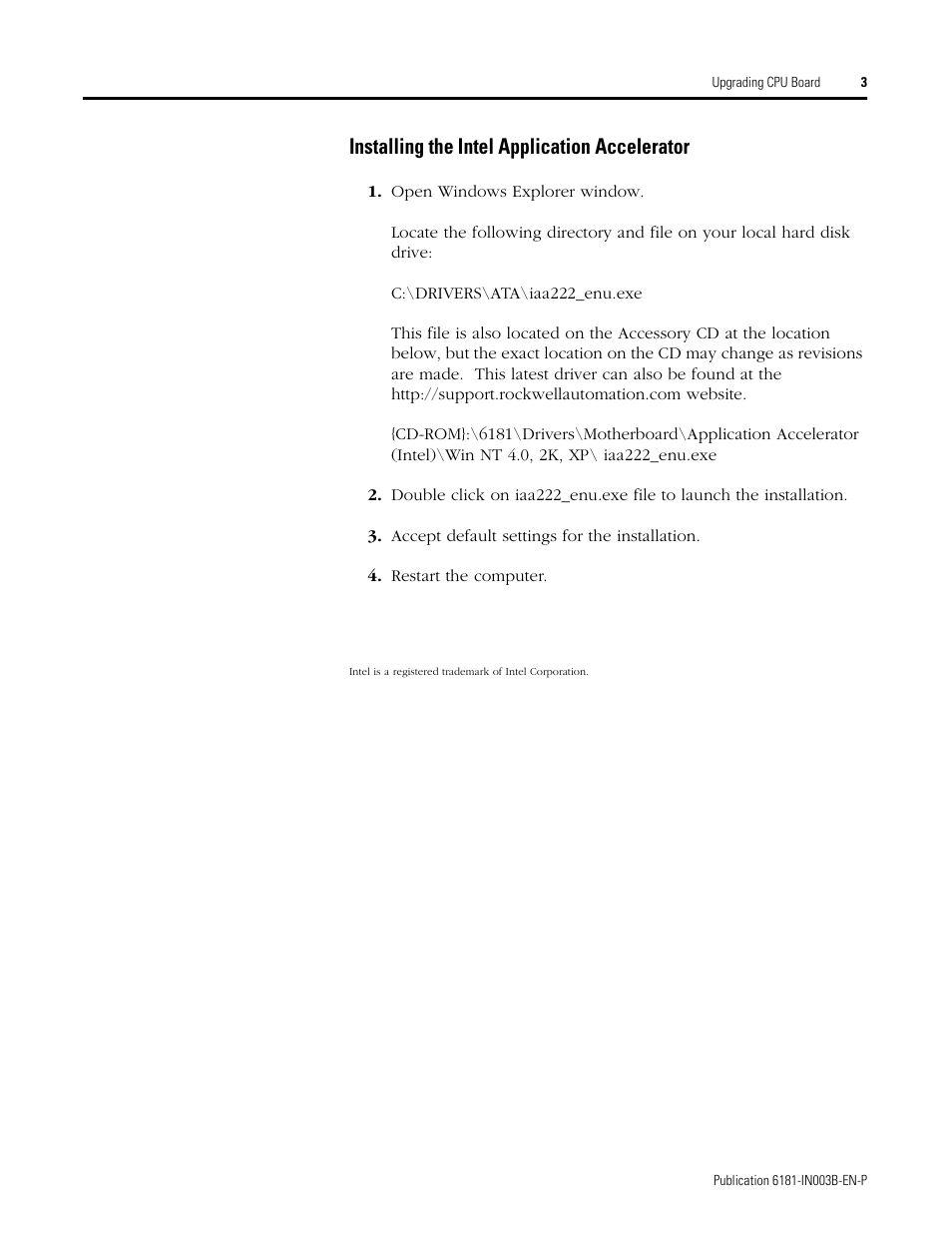 Installing the intel application accelerator | Rockwell Automation 6181 CPU Upgrade for 6181 Industrial Computers User Manual | Page 3 / 4