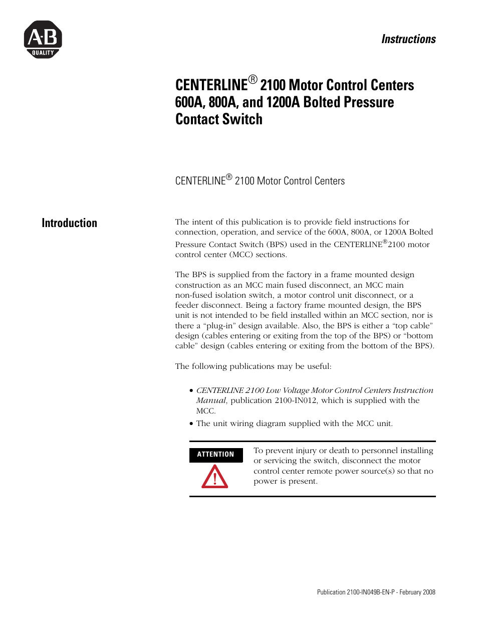 Rockwell Automation 2100 CENTERLINE Bolted Pressure Contact Switch User Manual | 12 pages