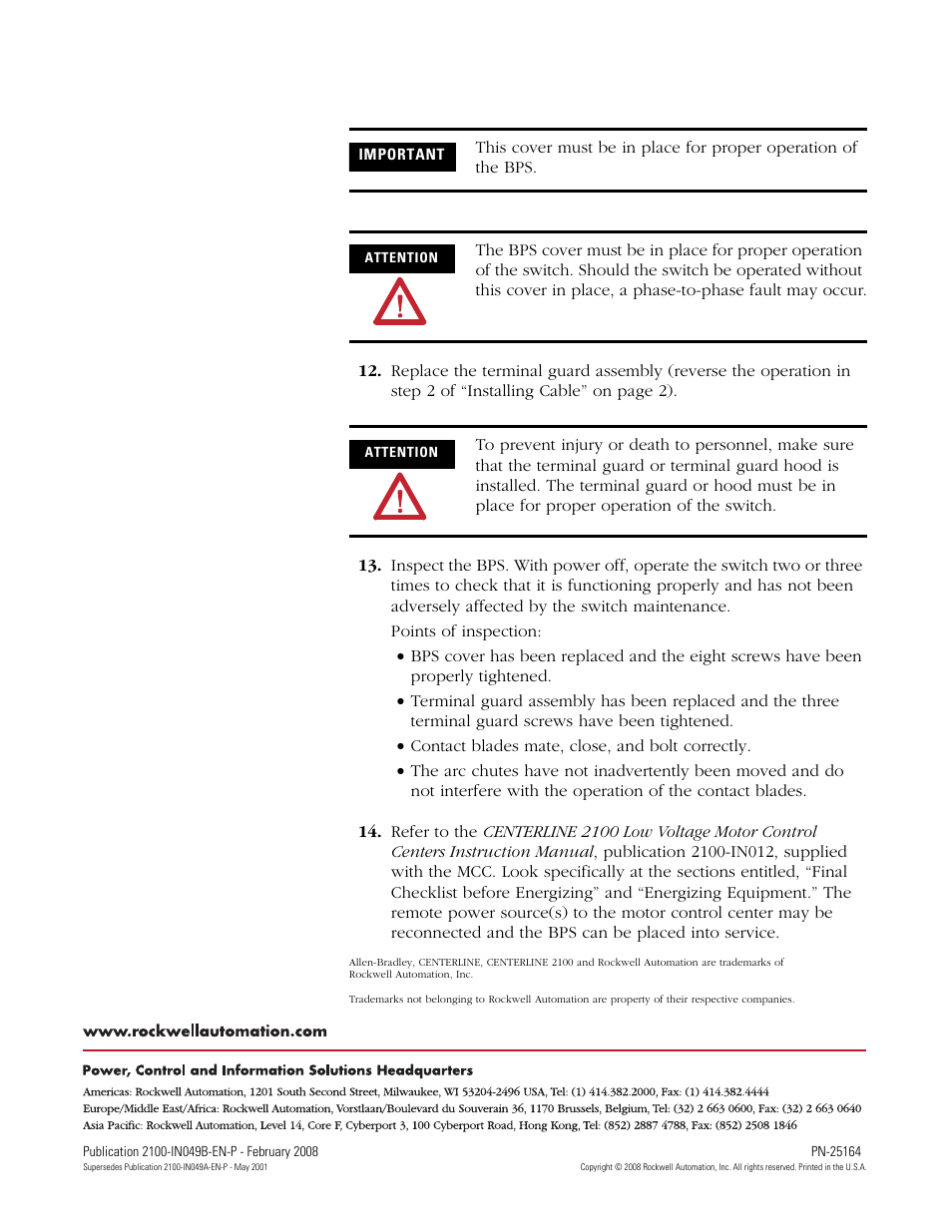 Back cover | Rockwell Automation 2100 CENTERLINE Bolted Pressure Contact Switch User Manual | Page 12 / 12