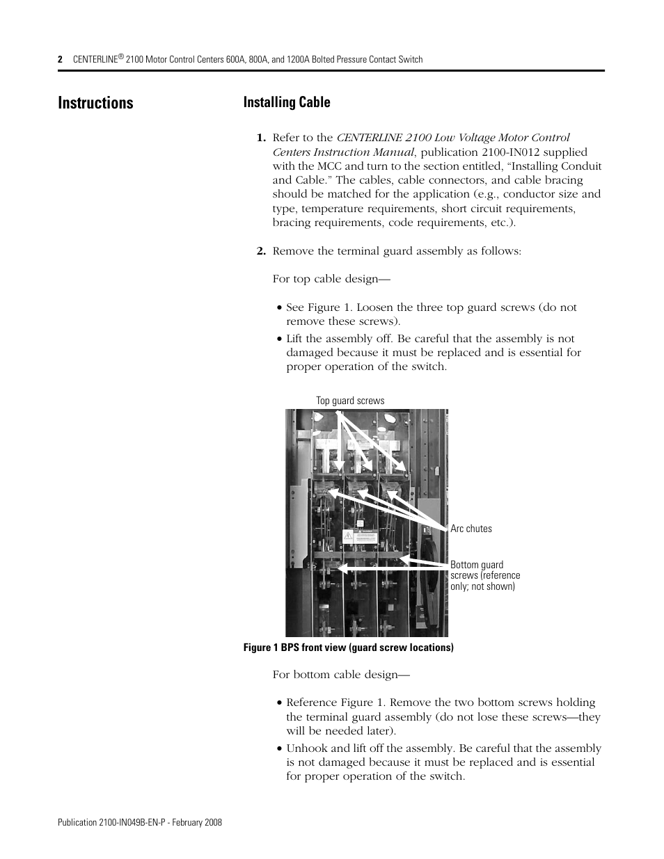 Instructions, Installing cable | Rockwell Automation 2100 CENTERLINE Bolted Pressure Contact Switch User Manual | Page 2 / 12