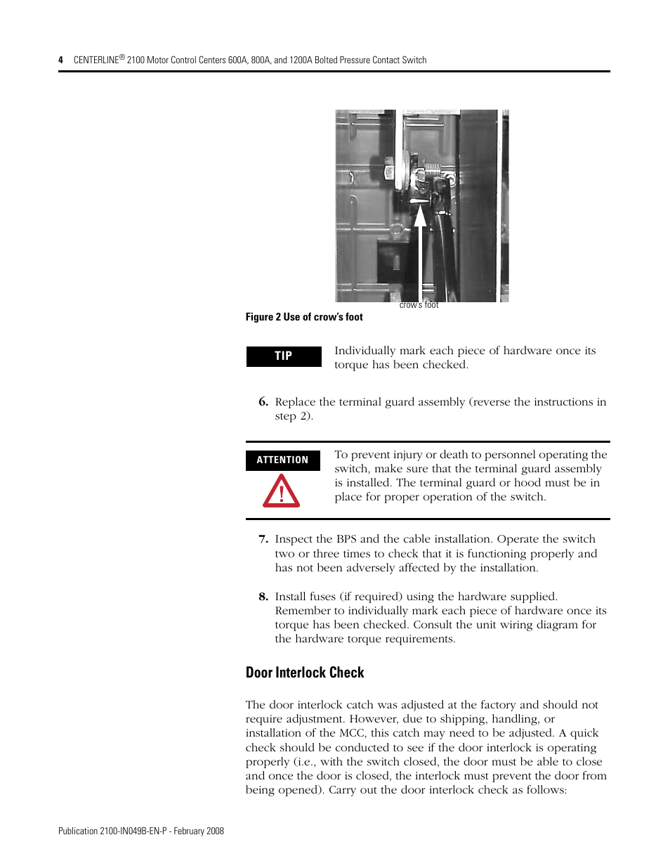 Door interlock check | Rockwell Automation 2100 CENTERLINE Bolted Pressure Contact Switch User Manual | Page 4 / 12