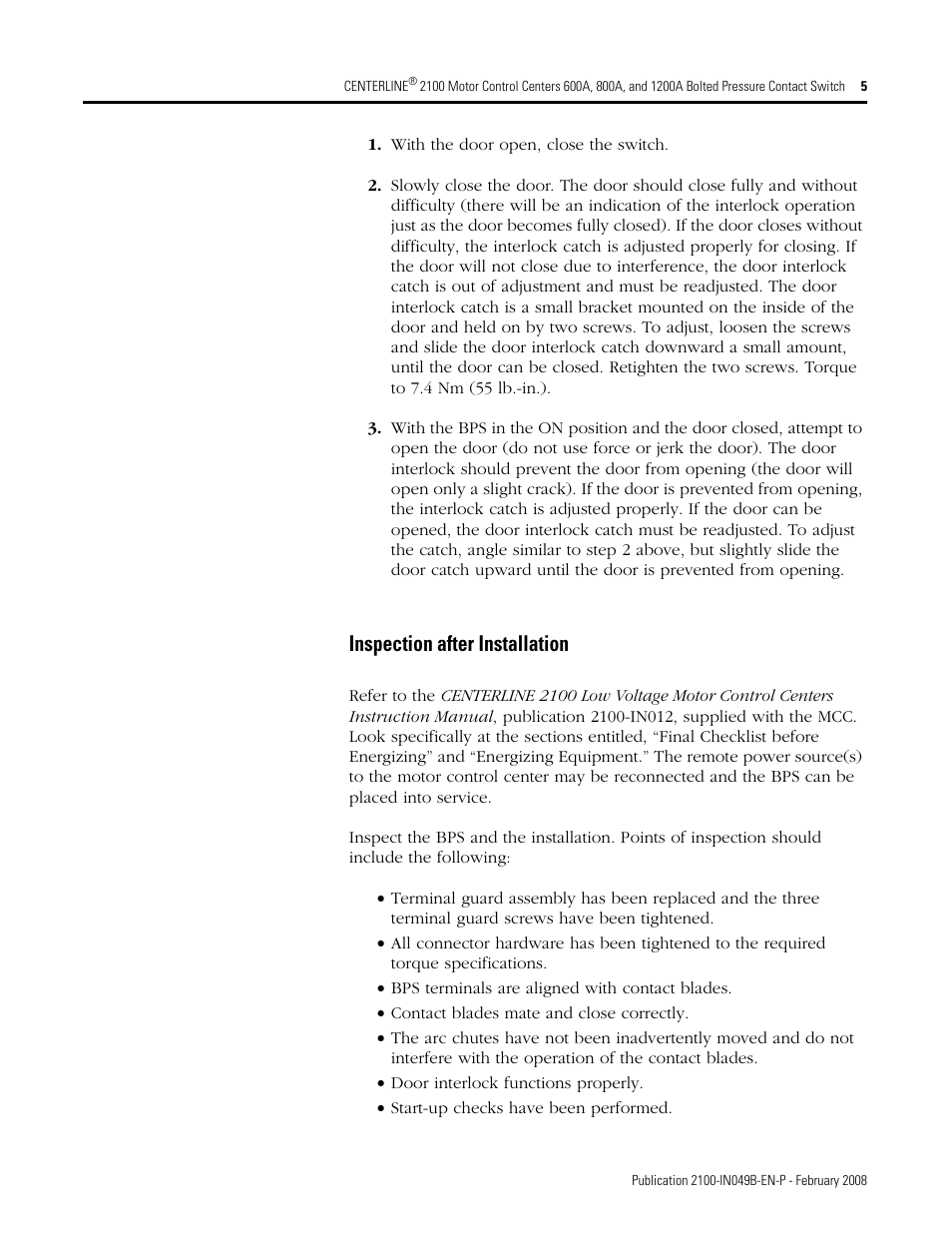 Inspection after installation | Rockwell Automation 2100 CENTERLINE Bolted Pressure Contact Switch User Manual | Page 5 / 12