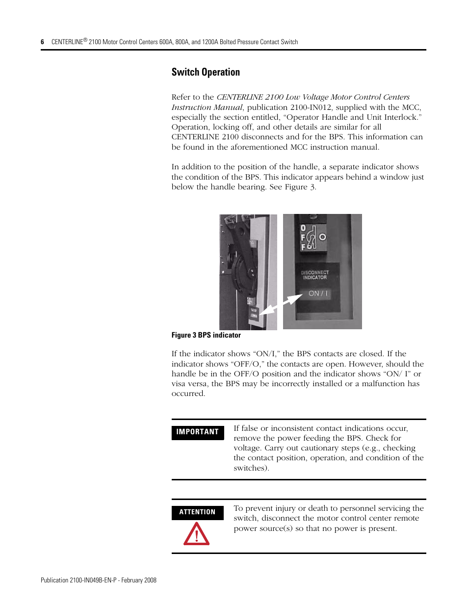 Switch operation | Rockwell Automation 2100 CENTERLINE Bolted Pressure Contact Switch User Manual | Page 6 / 12