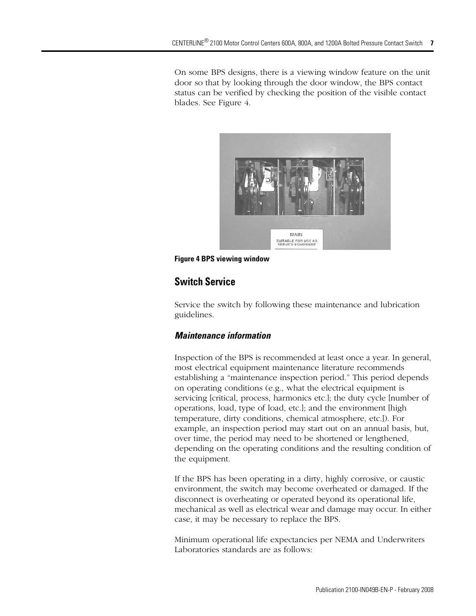 Switch service | Rockwell Automation 2100 CENTERLINE Bolted Pressure Contact Switch User Manual | Page 7 / 12