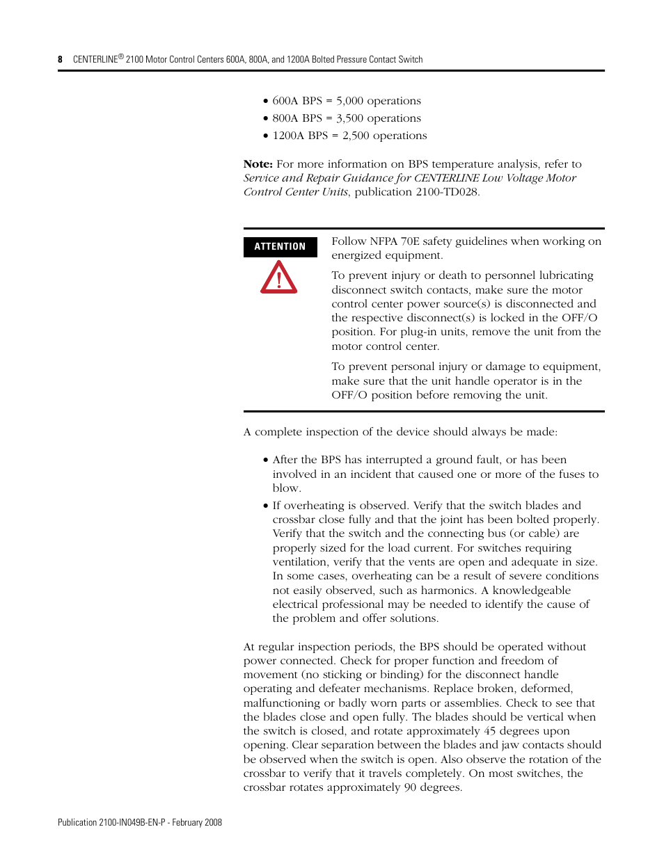 Rockwell Automation 2100 CENTERLINE Bolted Pressure Contact Switch User Manual | Page 8 / 12