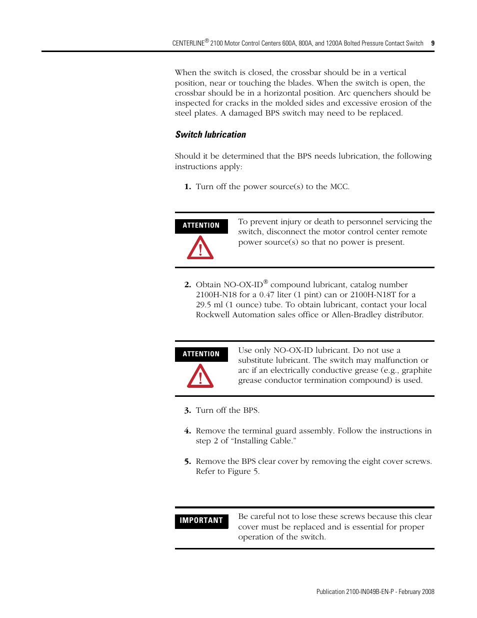 Rockwell Automation 2100 CENTERLINE Bolted Pressure Contact Switch User Manual | Page 9 / 12