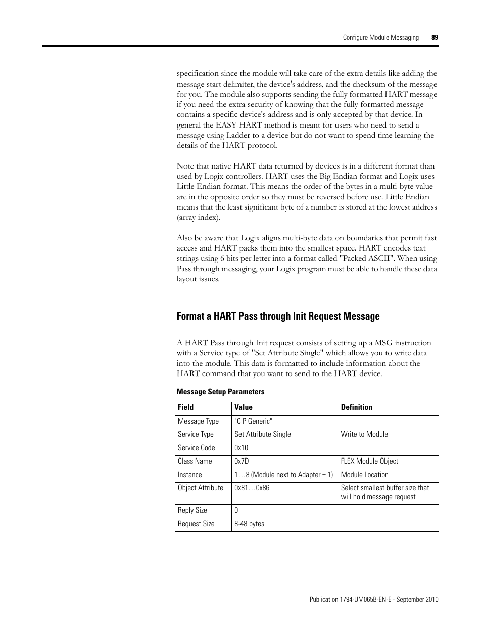 Format a hart pass through init request message | Rockwell Automation 1794-OF8IH FLEX Isolated Input/Output HART Analog Modules User Manual | Page 101 / 164