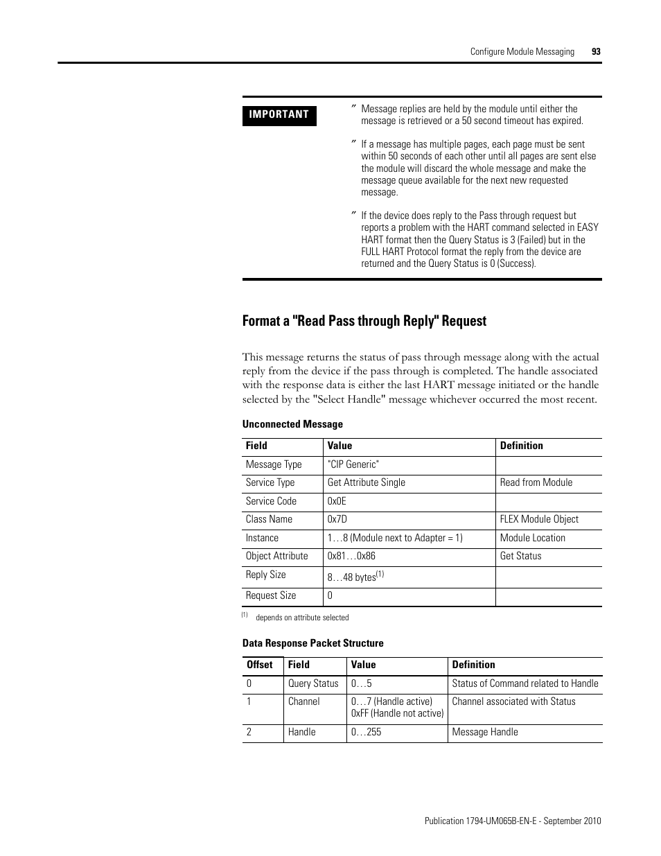 Format a "read pass through reply" request | Rockwell Automation 1794-OF8IH FLEX Isolated Input/Output HART Analog Modules User Manual | Page 105 / 164