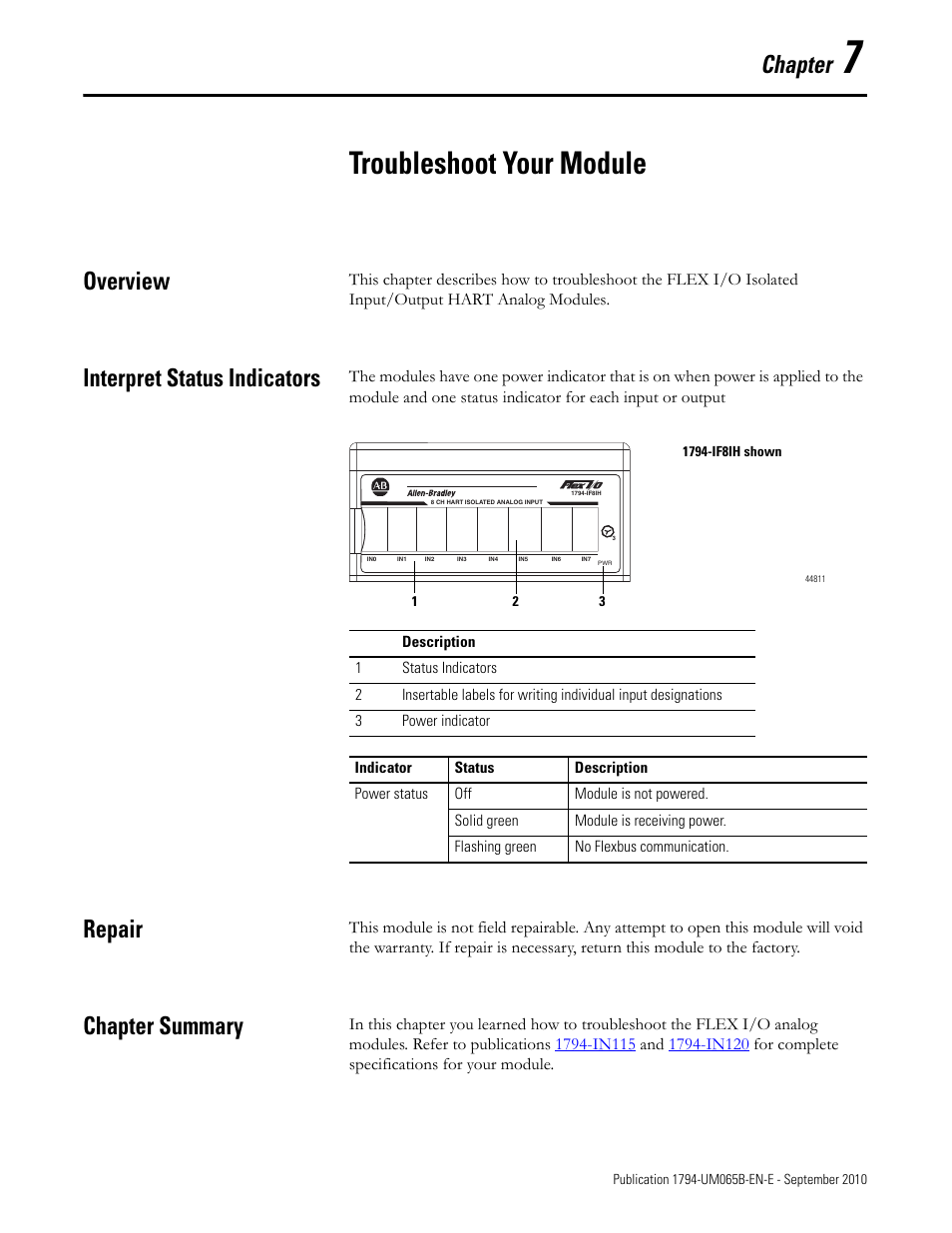 Chapter 7 - troubleshoot your module, Overview, Interpret status indicators | Repair, Chapter summary, Troubleshoot your module, Chapter | Rockwell Automation 1794-OF8IH FLEX Isolated Input/Output HART Analog Modules User Manual | Page 107 / 164