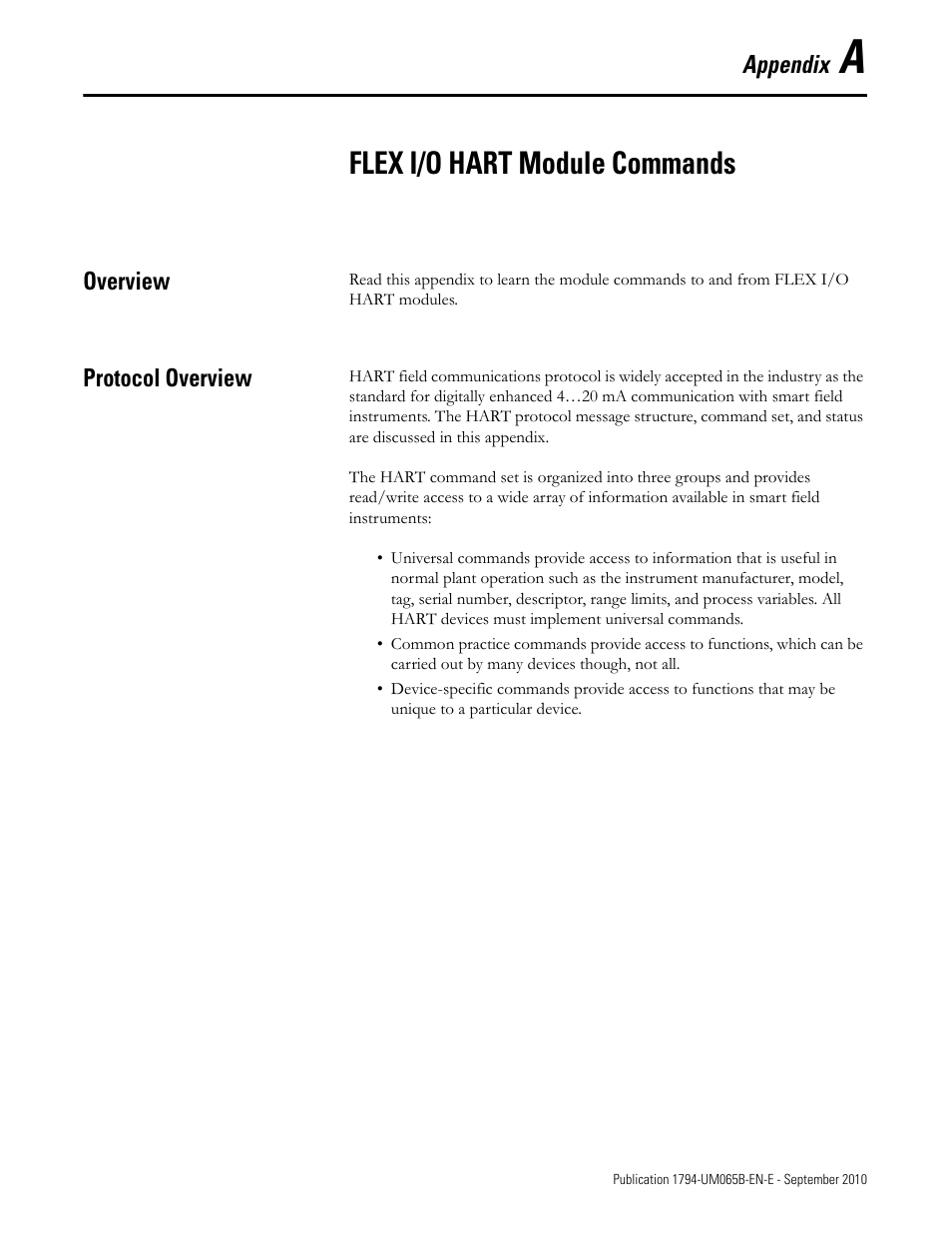 Appendix a - flex i/o hart module commands, Overview, Protocol overview | Flex i/o hart module commands, Overview protocol overview | Rockwell Automation 1794-OF8IH FLEX Isolated Input/Output HART Analog Modules User Manual | Page 109 / 164