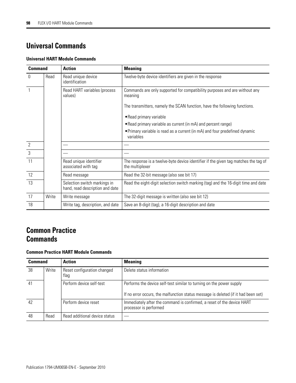 Universal commands, Common practice commands, Universal commands common practice commands | Rockwell Automation 1794-OF8IH FLEX Isolated Input/Output HART Analog Modules User Manual | Page 110 / 164