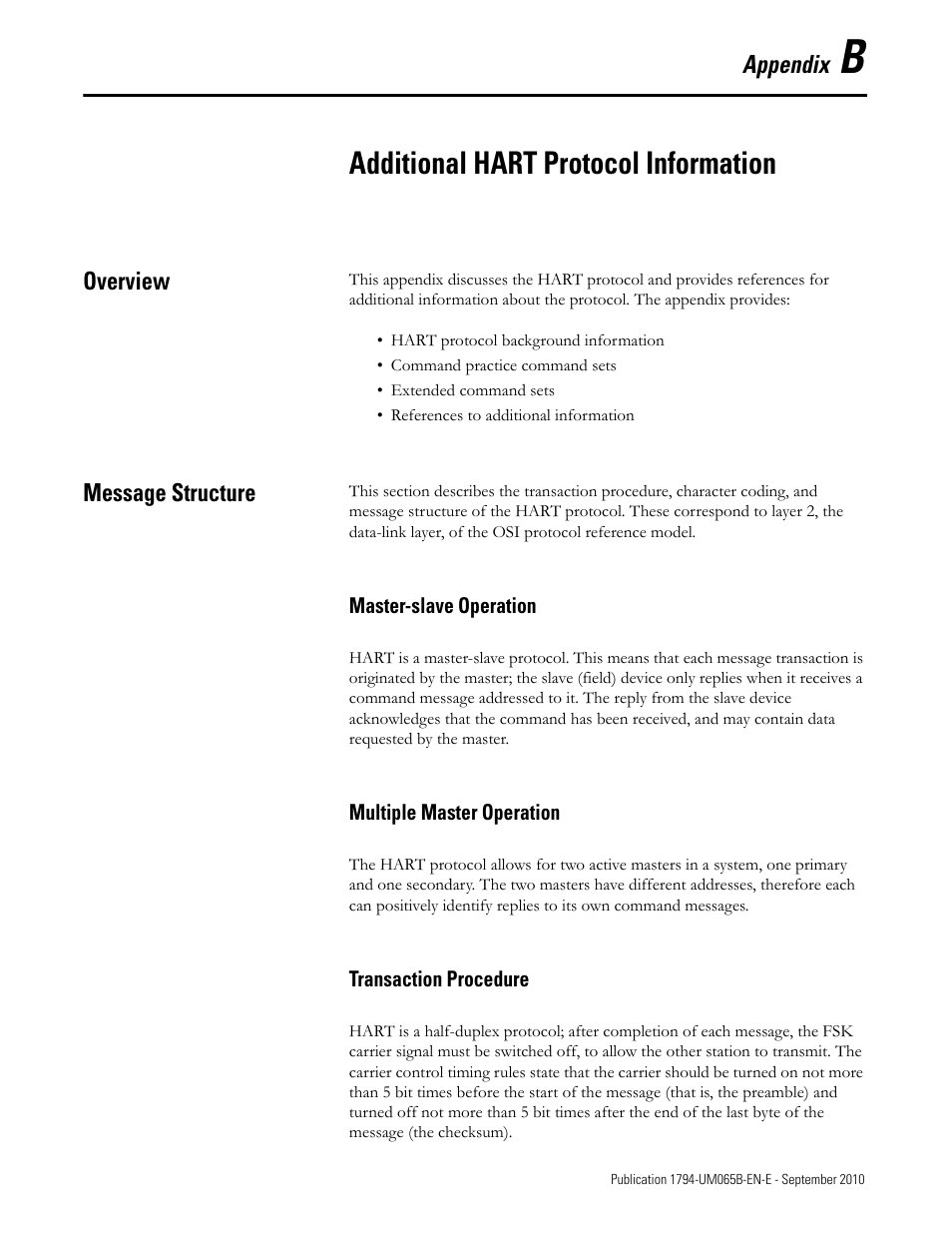 Appendix b - additional hart protocol information, Overview, Message structure | Master-slave operation, Multiple master operation, Transaction procedure, Additional hart protocol information, Overview message structure | Rockwell Automation 1794-OF8IH FLEX Isolated Input/Output HART Analog Modules User Manual | Page 113 / 164