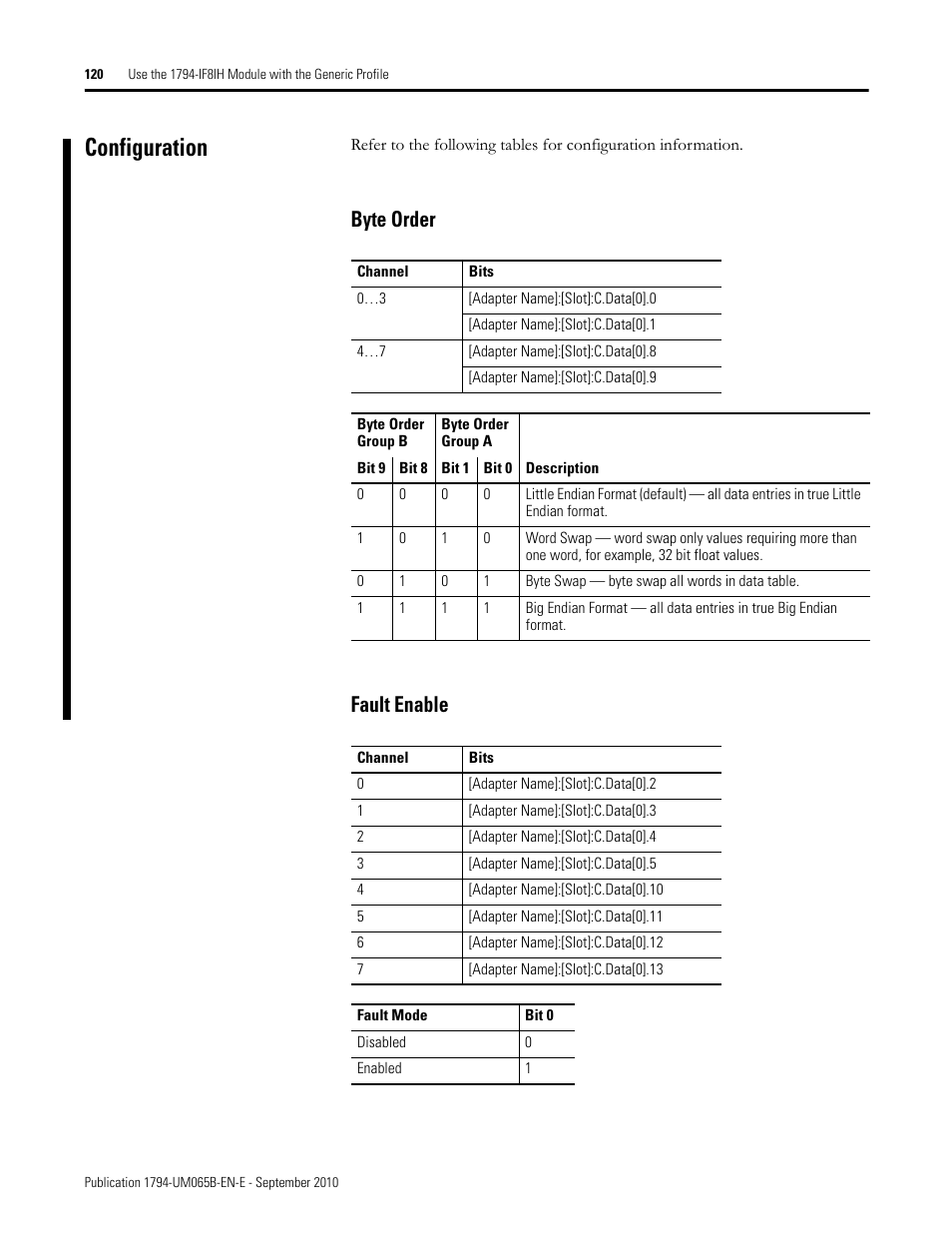 Configuration, Byte order, Fault enable | Rockwell Automation 1794-OF8IH FLEX Isolated Input/Output HART Analog Modules User Manual | Page 132 / 164