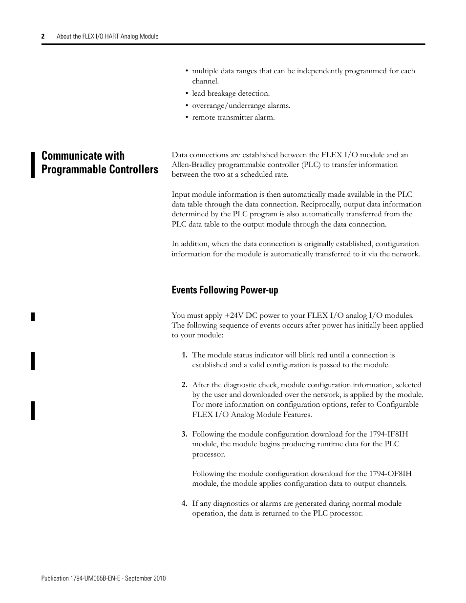 Communicate with programmable controllers, Events following power-up | Rockwell Automation 1794-OF8IH FLEX Isolated Input/Output HART Analog Modules User Manual | Page 14 / 164