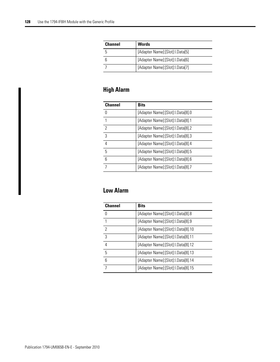 High alarm, Low alarm, High alarm low alarm | Rockwell Automation 1794-OF8IH FLEX Isolated Input/Output HART Analog Modules User Manual | Page 140 / 164